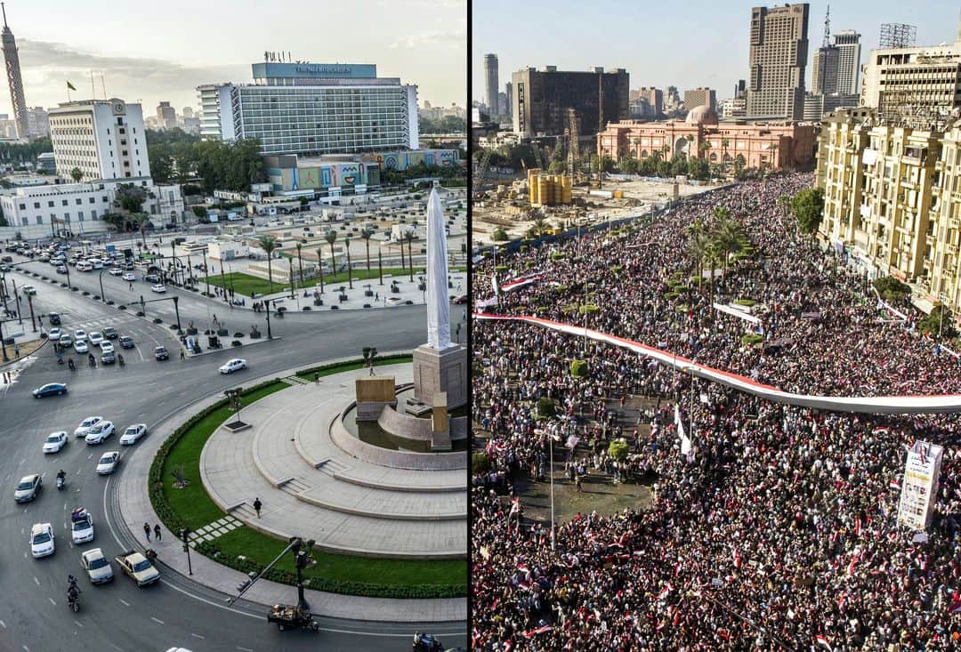 AFP通信さんのインスタグラム写真 - (AFP通信Instagram)「AFP Photo 📷 @ugartep 📷 @desoukikhaled - This combination of pictures created on November 23, 2020 shows a general view of Cairo's Tahrir Square (R to L) on February 18, 2011 as it is filled with protesters celebrating the ouster of former president Hosni Mubarak a week after the massive protests against him, which had erupted after a revolt toppled Tunisia's ruler in what becomes known as the Arab Spring; and the same view almost ten years later on November 11, 2020. Ten years ago, a wildfire of revolts in the Arab world touched off an unlikely series of events that swelled, then dashed many hopes, and irrevocably changed the region.」11月24日 3時17分 - afpphoto