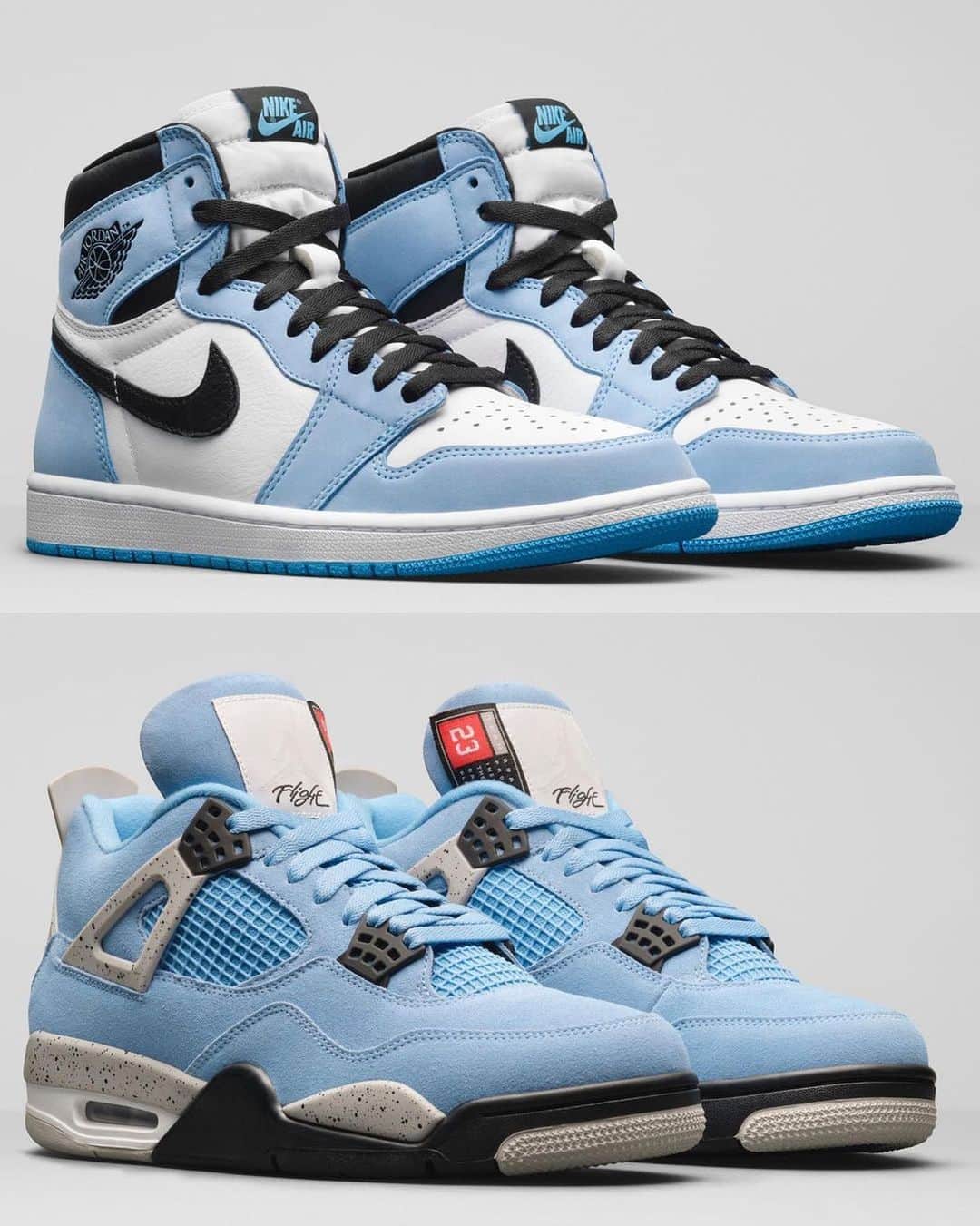 Sneakgalleryのインスタグラム：「Top or Bottom? The #UniversityBlue Air Jordan 1 arrives February 20, 2021 while the Air Jordan 4 makes its debut March 6, 2021 🥶❄️」