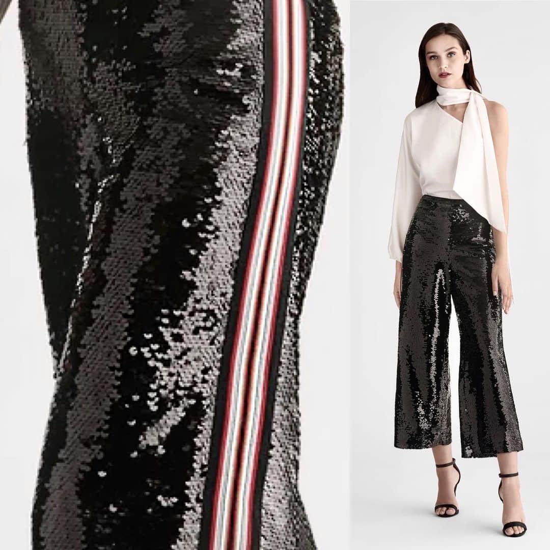 サッチン+バビのインスタグラム：「There is no denying the sparkle of the Taylor wide-leg sequin pant. The elegant evening pant is given a tri-color tuxedo stripe at the side making it a little less serious and a bit more fashion. #sachinandbabi, #sparkle, #shine」