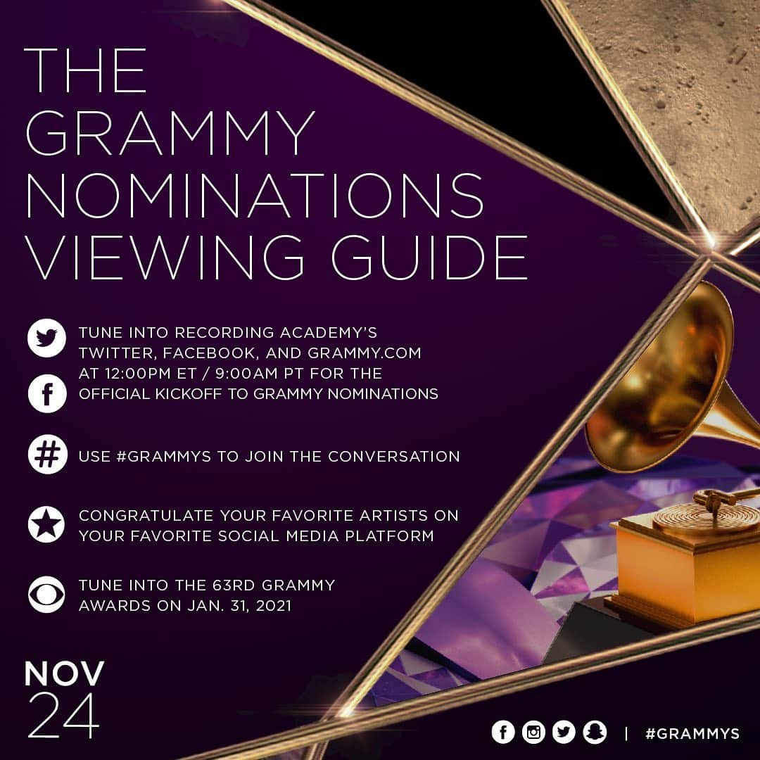 The GRAMMYsさんのインスタグラム写真 - (The GRAMMYsInstagram)「✨ #GRAMMYs nominations are tomorrow!   🎶 Don’t miss a beat and watch all the excitement unfold. Swipe ↔️ for our viewers guide.」11月24日 5時56分 - recordingacademy