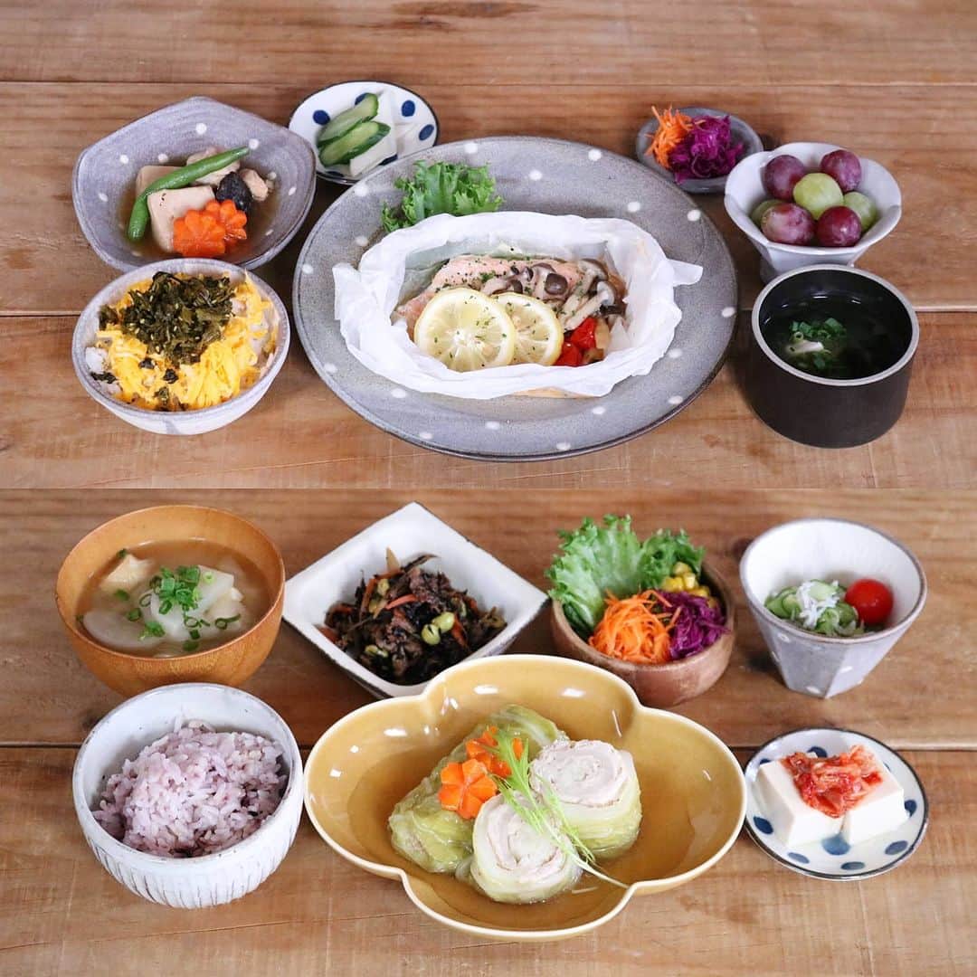 のインスタグラム：「♩ . #まとめて投稿 #ひとりごはん . . 🍚鮭のホイル焼き 高野豆腐の煮物 高菜ごはん お味噌汁 フルーツ . . 🍚豚バラ白菜ロール煮 ひじきと牛肉の煮物 キムチ奴 きゅうりとじゃこの酢の物 かぶのお味噌汁 雑穀ごはん サラダ . . 日本シリーズ応援しよ⚾✊ . . #yunaご飯#igersjq#今日のごはん#食卓#献立#yummy#ていねいな暮らし#お家ごはん#器#foodstagram#lin_stagrammer#delistagrammer#Japanesefood#デリスタグラマー#クッキングラム#クッキングラムアンバサダー#タベリー#フーディーテーブル#てづくりごはん365#おうちごはん#おうちごはんlover#Japan#マカロニメイト#夜ごはん#晩ごはん#小石原焼#翁明窯元」
