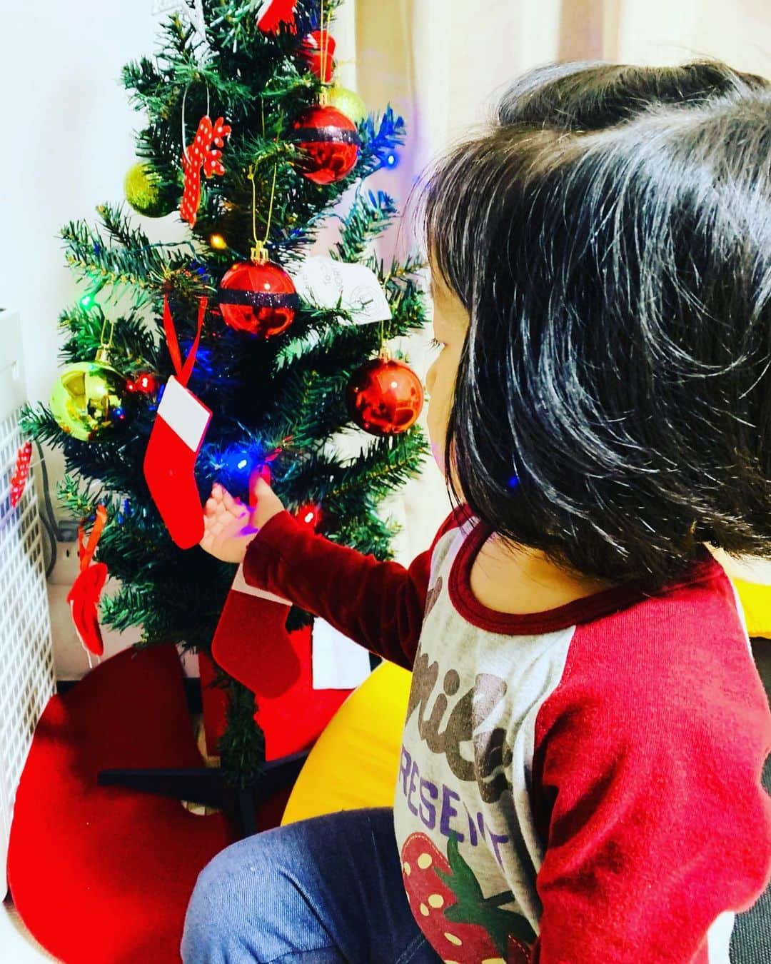 横山愛子のインスタグラム：「少し早いけど…次女が寝てる隙に！ クリスマスツリー🌲出しました^ - ^ 長女が飾り付け担当❣️❣️ ステキなクリスマスにしたいなぁ！😄😄 #クリスマスツリー #2歳9ヶ月 #1歳 #2歳差育児 #こどものいる暮らし」