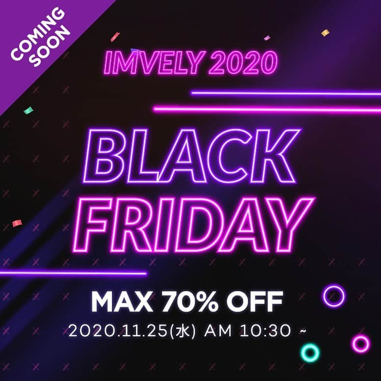 imvelyジャパンのインスタグラム：「ついに明日からBLACK FRIDAY開催💜  期間⏰: 11月25日(水)AＭ10時30分から11月30日(月)PM17時まで  *アパレル、コスメのタイムセール時間は  異なるため詳しくはサイトにてご確認ください🙇‍♀️  明日から1年に1度のお買い得な  ブラックフライデーチャンス🥳‼︎  -内容をちらみ👀‼︎- ✔︎イムブリー、ブリーブリーの  毎日日替わりの2時間ずつタイムセール⏰ ✔︎ブリー様に感謝イベント!? お得に人気化粧品をGETのチャンス🎉 ✔︎期間内にご購入の方限定で  25％OFFクーポンプレゼント🎁  詳しくは明日ぜひサイトで  チェックしてみてください🏃‍♀️  #イムブリー#ブリーブリー#イベント#ブラックフライデー」