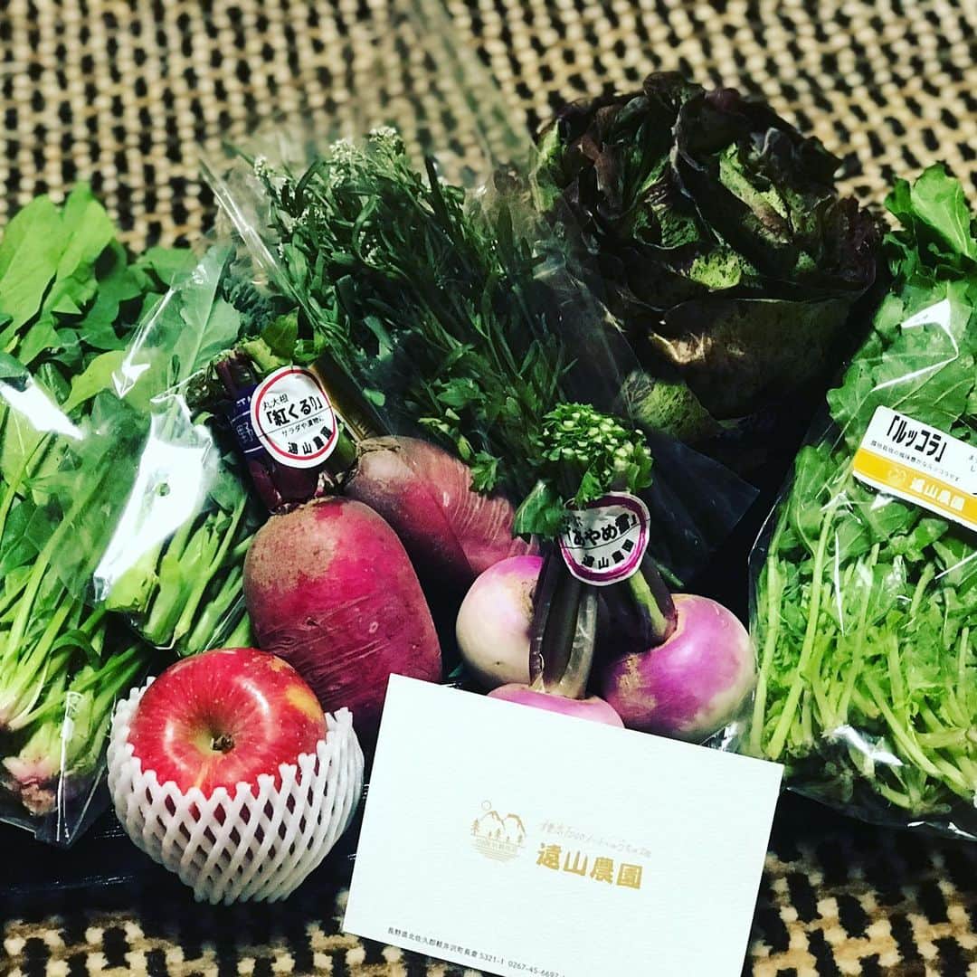 のインスタグラム：「遠山農園さんのお野菜届けていただきました❣️ この量でなんと1,000円😱 もちろん娘にもお裾分けするので3setオーダーしました👍 この三倍の量＋ペッパークレソンもプレゼントしてくださって感激‼️ 新鮮な無農薬野菜をたくさんいただく幸せ🥰💕嬉しい😊 届いた箱を開けると、モミの小枝にメッセージ❣️が一番上にさりげなく置かれていて、こんな心遣いにまた幸せ❣️ これらのお野菜で作るお料理はまたInstagramに載せますね‼️  #遠山農園 #無農薬野菜 #organicveggies」