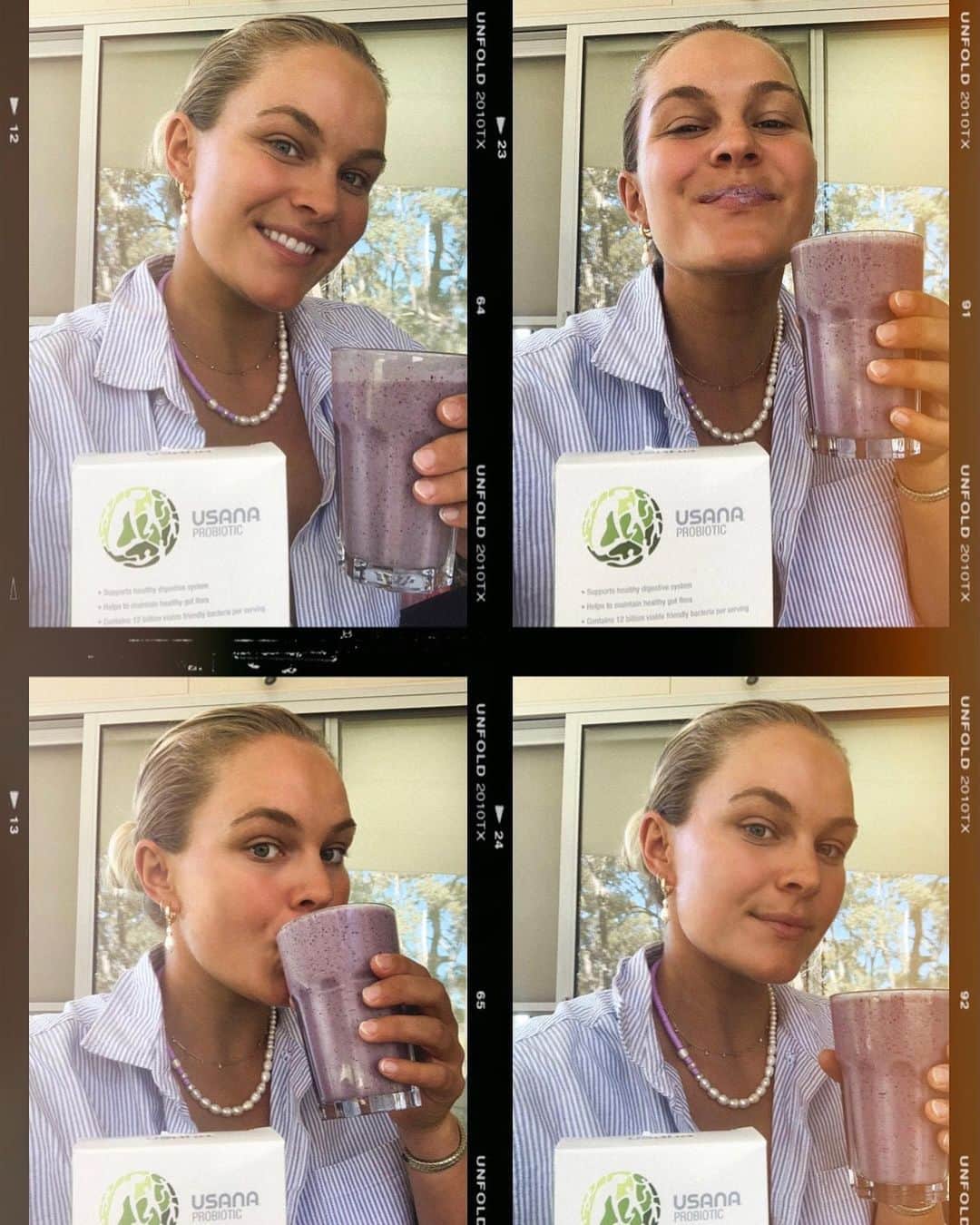 フェリシティー・パルマティアーのインスタグラム：「New favourite breakfast smoothie!!!  🍓 Frozen berries  🍌 Banana  🥛Almond milk  🍶 Protein powder  🍥 @usanainc Probiotics  🧊 Ice  @usanaau #usana #liveusana」