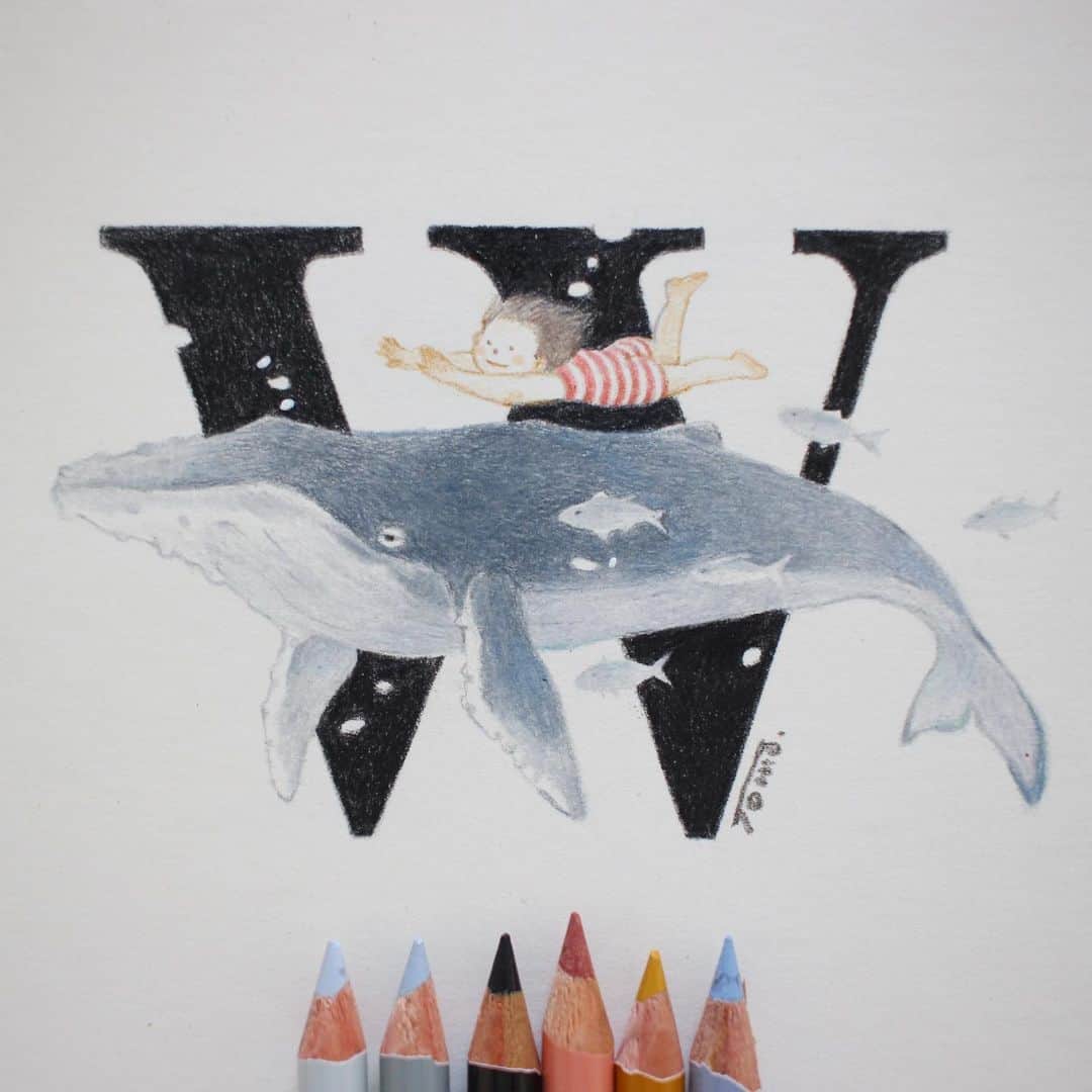 Tomoko Shintaniのインスタグラム：「Letters “W” 🐋♡ . ざぶぶ〜ん💦 . #letters #whale #karismacolourpencils #holbeinartistscoloredpencil」