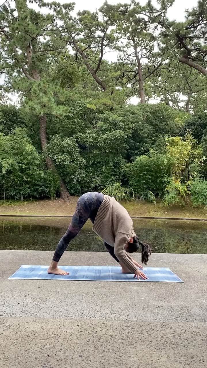 西澤絵理のインスタグラム：「.  立ち姿勢から始まります。 深い呼吸と合わせて気持ちよく動きましょう。  少し運動量があるので、 その分全身の疲れや強ばりが取れやすいです。  足裏でしっかり地面や床を押して、 体を縦に長く伸ばすイメージで動いていきます☺️  たった4分の動きですが、体と頭の中がすっきりします🤍 余裕のある方はこの流れを3回くらい行いましょう🔥  #yoga #深呼吸 #リラックス」