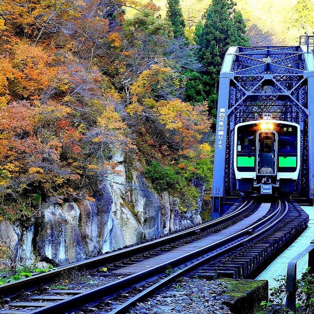 Rediscover Fukushimaさんのインスタグラム写真 - (Rediscover FukushimaInstagram)「The JR Tadami Line is a local train line that passes through the Aizu into Oku-Aizu area. 🚃✨﻿ ﻿ There are many viewpoints, but the best highlight is the Tadami River No.1 Bridge Viewpoint, the first picture of this post 😊﻿ ﻿ Passengers on this train get to see some great views, including those of colorful autumn leaves. 🍂🍁✨﻿ ﻿ Check our website for more on trip to Oku-Aizu area!﻿ ﻿ https://fukushima.travel/itineraries/oku-aizu-area-day-trip/3﻿ ﻿ 🏷﻿ ( #fukushima #japan #autumn #fall #fallcolors #visitfukushima! #travel #nature #northernjapan #touhoku #train #localtrain #tadamiline　#trainstagram #tadamiriver #tadamiline #railroad #trainspotting #railphotography #trainstagram #railfanning #traintravel #railtravel #railways_of_our_world　#greatview #autumncolors #autumnleaves #japan #japantravel #jrpass ﻿ #福島県 #只見線)﻿」11月24日 14時41分 - rediscoverfukushima