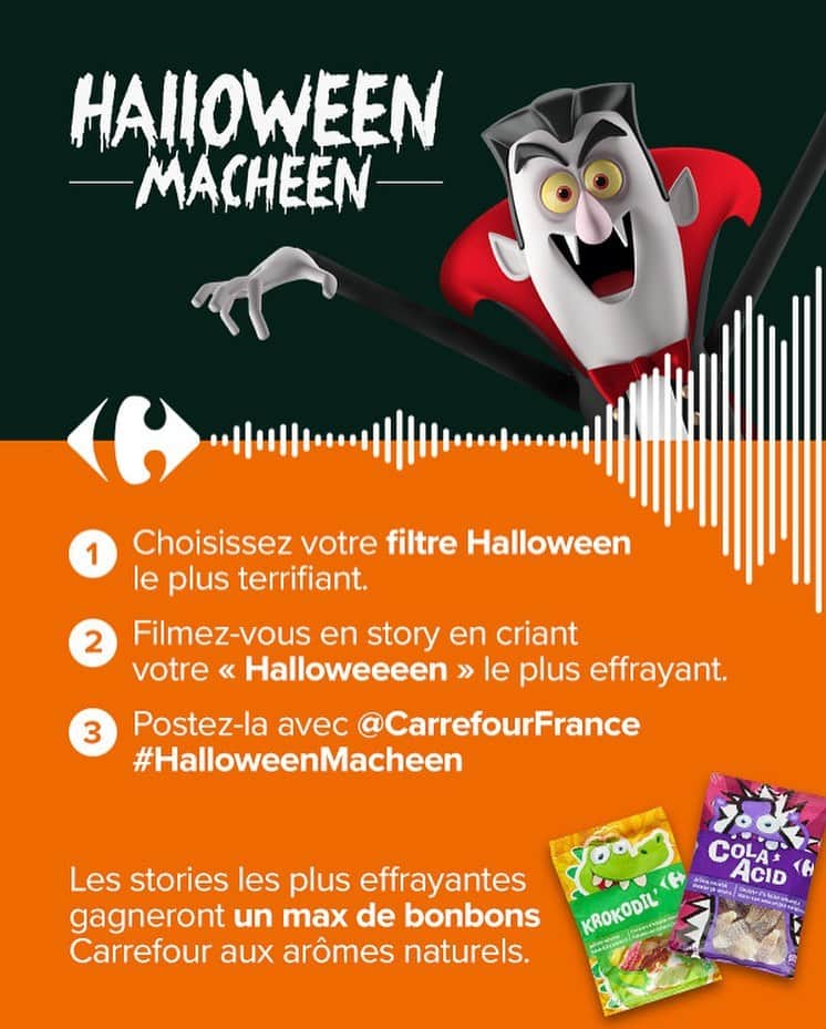 Carrefour Franceさんのインスタグラム写真 - (Carrefour FranceInstagram)「Nous avons hâte de trembler de peur devant vos créations 😱   #HalloweenMacheen #Halloween #concoursinstagram #jeuconcours  Choisissez le filtre le plus terrifiant, filmez-vous et postez la vidéo avec le #HalloweenMacheen en nous mentionnant pour remporter sur votre carte de fidélité un des 5 bons d'achats de 5€ mis en jeu afin de faire le plein de bonbons Carrefour aux arômes naturels !」10月31日 18時00分 - carrefourfrance