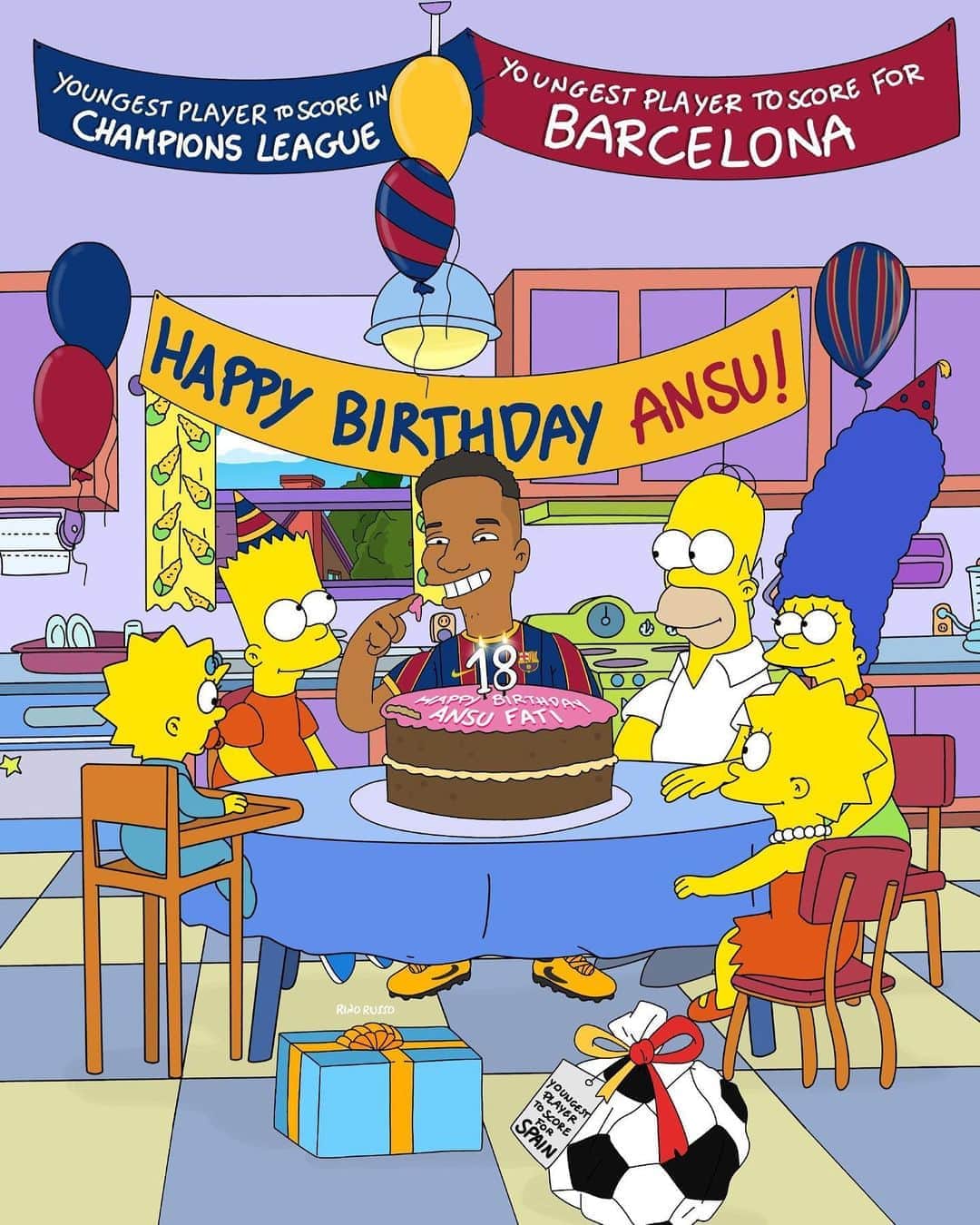 FCバルセロナさんのインスタグラム写真 - (FCバルセロナInstagram)「🥳 Happy birthday, @AnsuFati! 1️⃣8️⃣ 🎂 ¡Feliiiiiz cumpleaños, Ansu! 🎁 Per moooooolts anys, Ansu! 🎨 @rino_russo_ ⁩」10月31日 18時08分 - fcbarcelona