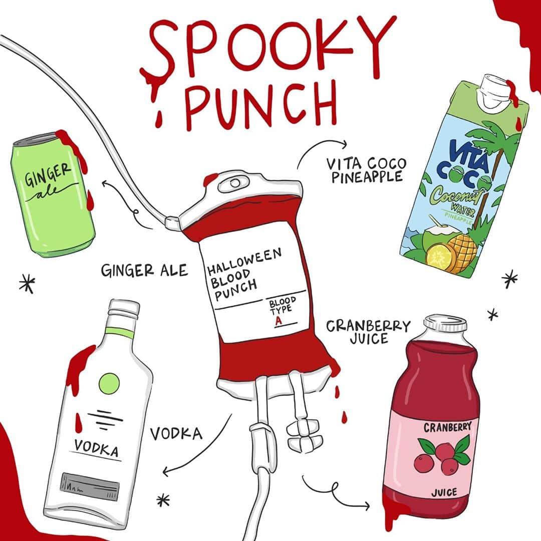 Vita Coco Coconut Waterのインスタグラム：「The word punch is a weird word to name a cocktail, don't you think?  Because punch also means to strike with your fist? Unless, the point of the punch is to pack a punch. Hm...this has really got me thinking.  I'll keep thinking about that, while you guys sip on this.   Happy Halloween!」