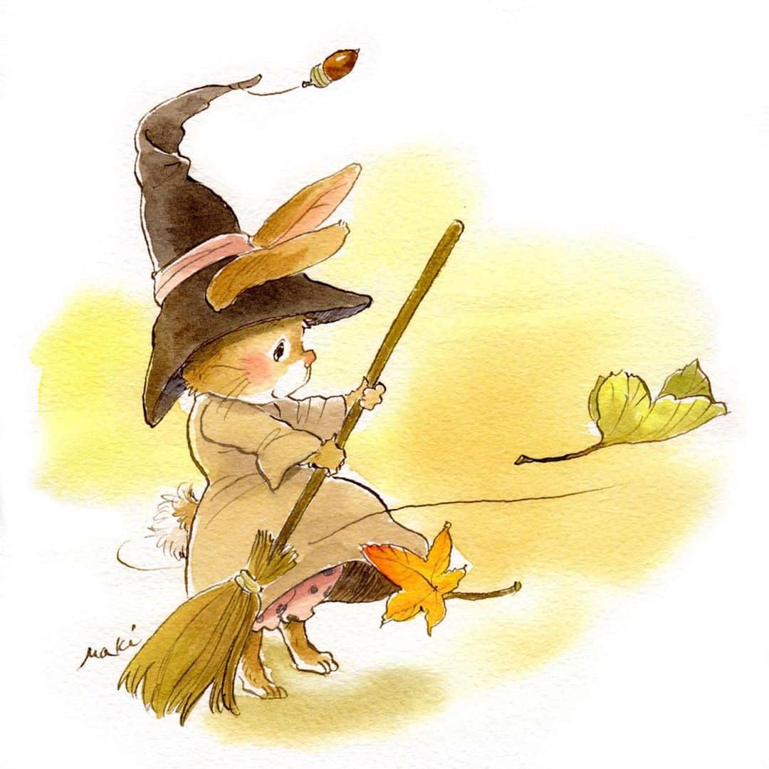 イラストレーター山崎牧子のインスタグラム：「Halloween🎃 #halloween#artwork#animal#illustrator#illustration#witch#sweet#ハロウィン#魔女#イラスト#イラストレーター#水彩画」