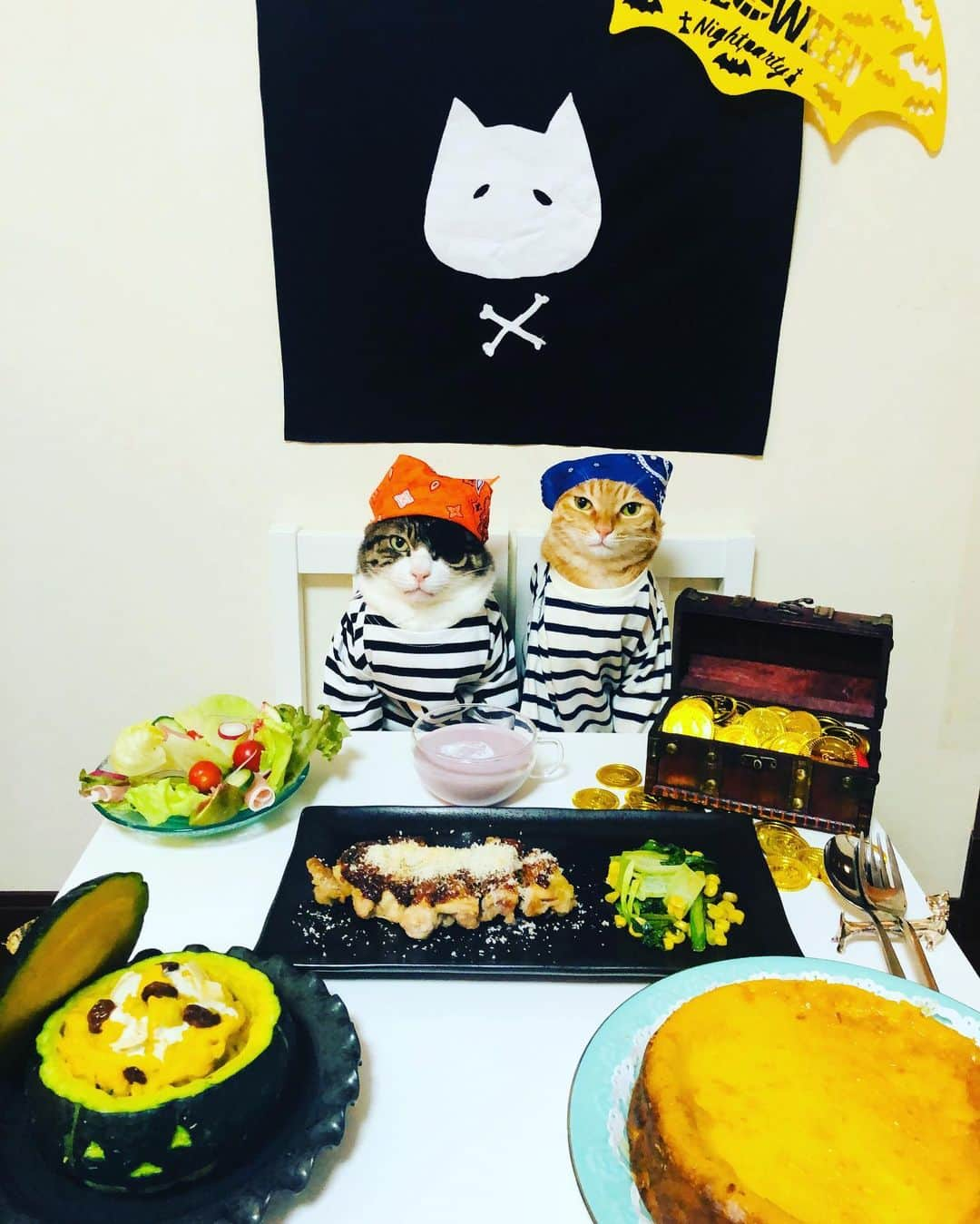 マロさんのインスタグラム写真 - (マロInstagram)「🎃Happy  Halloween🎃 ✴︎ .チキンディアブル焼き (Grilled chicken diable) .ハロウィンサラダランド (Halloween salad land) .紫いものスープ (Purple potato soup) .かぼちゃのベイクドチーズケーキ (Pumpkin baked cheesecake) ✴︎ いつもコメントありがとうございます😺🙏🧡 返信出来なくてすみません🙇‍♀️ 全て拝見しています🐾 ✴︎ Thank you for your comments😸🙏🧡 I'm  sorry that I couldn't reply. ✴︎ #cat#cats#catsofinstagram#😻 #halloween#pirates#pumpkin  #food#sweets#にゃんすたぐらむ #ねこ#猫#ねこ部#ハロウィン #ハロウィンコスプレ#海賊#料理 #おうちでハロウィン#コスプレ #ペティオハロウィン#standbymeproject  #斉藤和義#カーリングシトーンズ」10月31日 22時21分 - rinne172