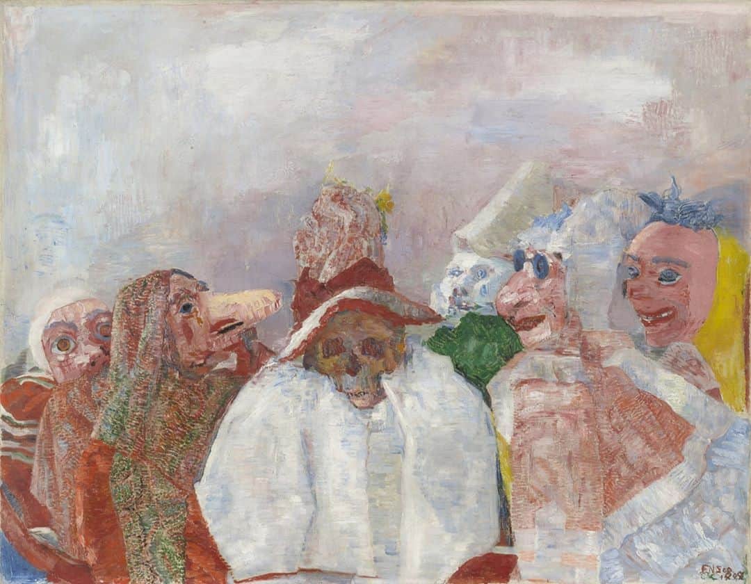 ニューヨーク近代美術館のインスタグラム：「Tag your spooky squad 💀  In this painting by #JamesEnsor, a group of masked figures confront Death, centrally situated and draped in white. The ubiquitous masks in Ensor's work were likely based on those sold in his family's curiosity shop a few floors below his studio. "The mask means to me: freshness of color, sumptuous decoration, wild unexpected gestures, very shrill expressions, exquisite turbulence," the artist explained.  Visit this work—if you dare—in our fifth-floor collection galleries. #Halloween --- [James Ensor. "Masks Confronting Death." 1888. Oil on canvas. © 2020 Artists Rights Society (ARS), New York / SABAM, Brussels]」