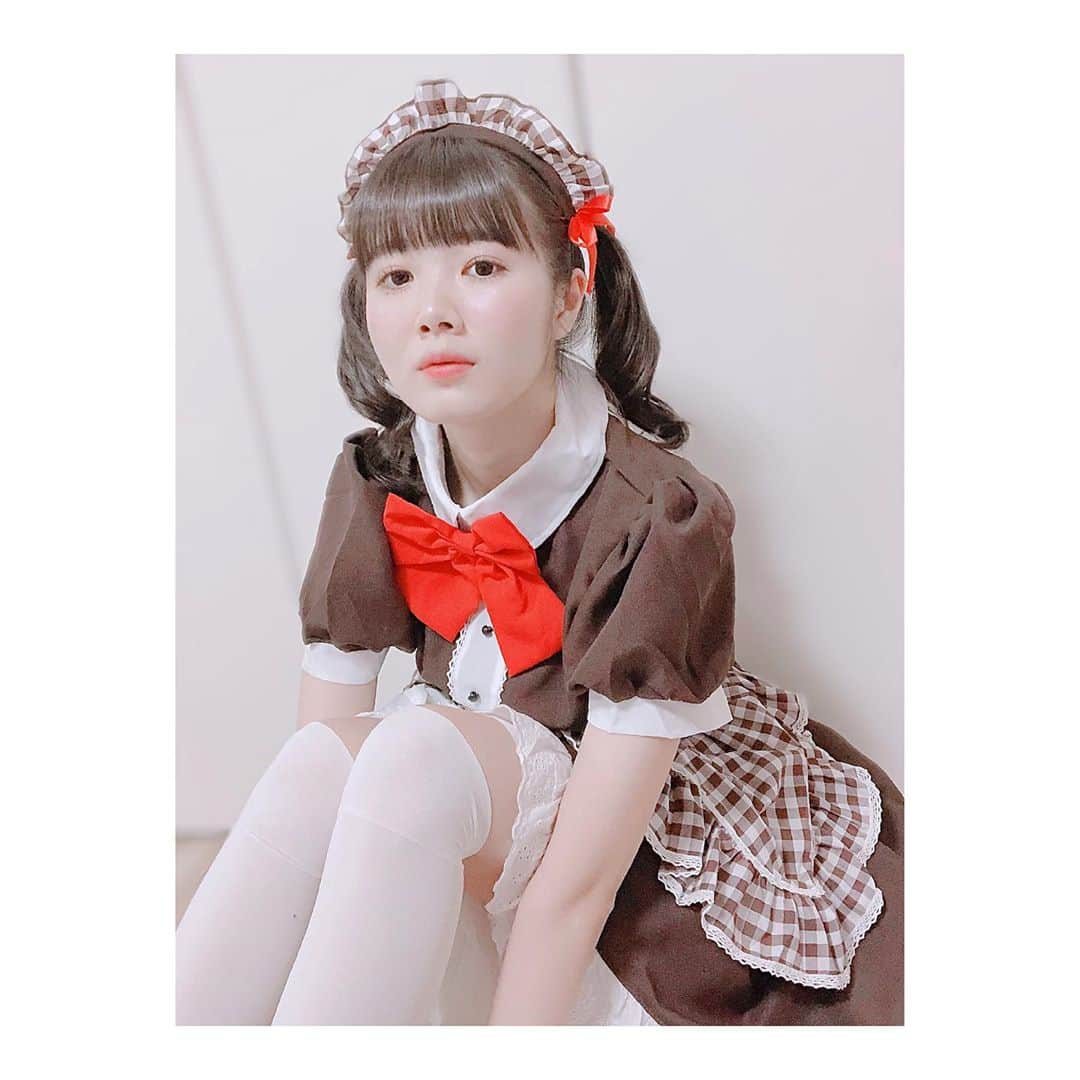 高橋麻里のインスタグラム：「. はっぴーはろうぃん🎃♡ . . 今年はメイドさんになりました！ わたしゃメイド服だいすきー！ . 茶色チェック×赤かわわわわ🎈🎈 . . お菓子くれないと いたずらしちゃうぞー！！！！笑 . 今年はイベントとかできなかったけど インスタライブできてよかた！ ありがとう◡̈♡ . . #halloween #ハロウィン #仮装 #メイド服 #メイドさん #🎃 #とりっくおあとりーと  #ついんてーる #ニーハイ」