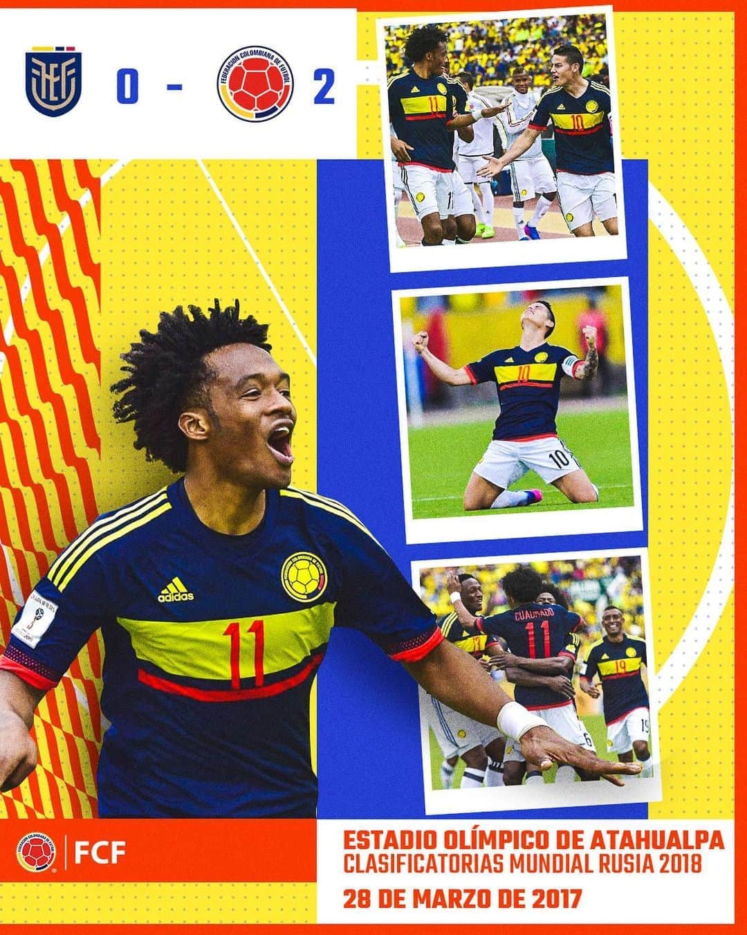 サッカー コロンビア代表チームのインスタグラム：「🤩 Esta fue nuestra última victoria 🆚 Ecuador por las Clasificatorias a la Copa Mundial de la FIFA  🇪🇨 0⃣-2⃣ 🇨🇴 🏆Clasificatorias a la Copa Mundial de la FIFA Rusia 2018 📅 28 de marzo de 2017 ⚽ @jamesrodriguez10 y @cuadrado」