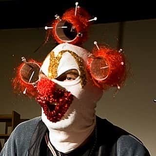 のインスタグラム：「Repost @nokiofficial in a Double Trouble Toile and Stubble moment: “Happy Noki HalloQueens . Im In a very early archive  @piersatkinson ‘McDonaldClownMeat’ Mask captured by @morganwhitephoto . This was taken thé night I did my  @whitecubicle circa 2008ish show , where I opened  up the debate too the non binary toilet debate . Where I took the door off and blocked the sink and toilet for All .. ps I got utterly Rat arsed and caused trouble 👿with DJ’s @nine_bob_rob & @tazelaar_ .. I apologise too ALL . An enforced Clean up of 7 years proceeded with my Dearest mind fuck gender bender @judyblame  now Rip . Thank you Judy for being worse than me at being a Rat Arse trouble maker . You are very missed 👻🍩☢️😘”」