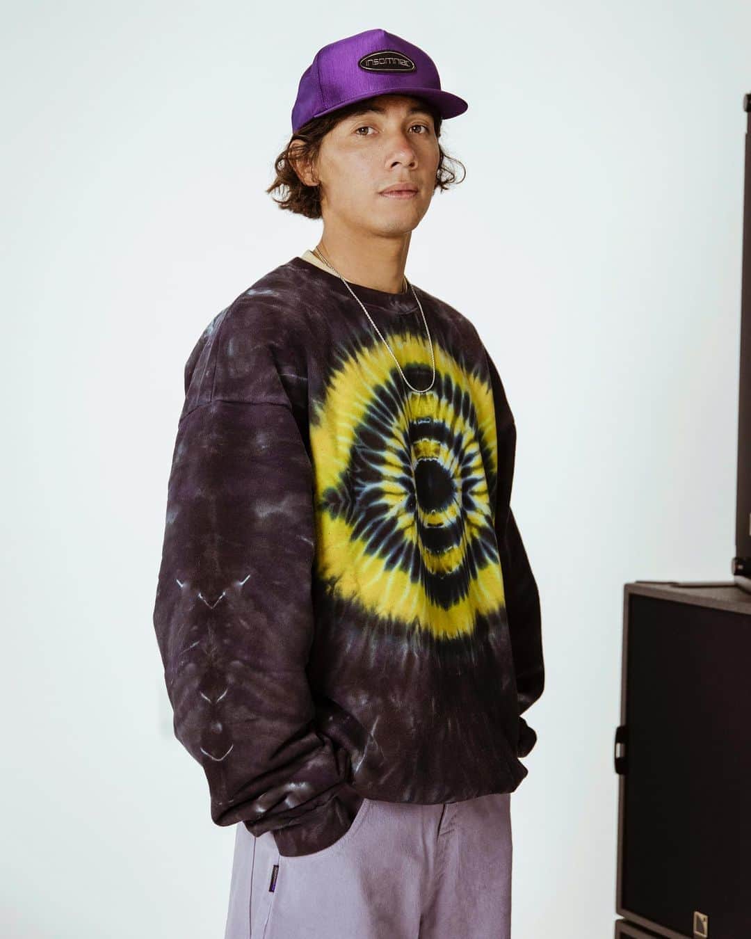 サキャスティックのインスタグラム：「@insomniacltd FALL 2020   Eye Burst Crewneck Black Heavyweight cotton fleece, pre-shrunk, custom tie dye of an eye on the front. Made in USA.  Galaxy Jean Lavender 14 ounce bull denim, overdyed. Available in Lavender, Olive and Charcoal. Made in USA.  Orbital Hat 5 panel snapback, nylon crown & visor, sonic weld patch.」
