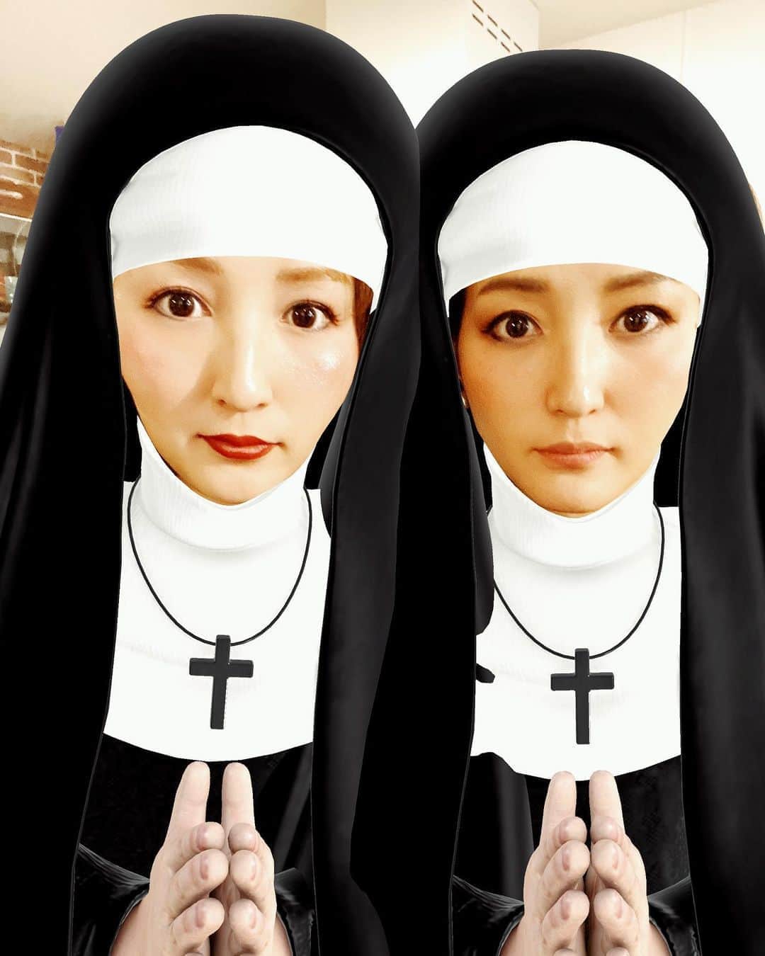 木村真野・紗野さんのインスタグラム写真 - (木村真野・紗野Instagram)「🎃✝️Happy halloween👻. アプリって便利だね📱📸笑. . #halloween #十字架　#cross #シスター　#ハロウィン　#アプリで仮装　#maya #saya #twins #twinstagram #双子」11月1日 11時06分 - mayasaya_kimura