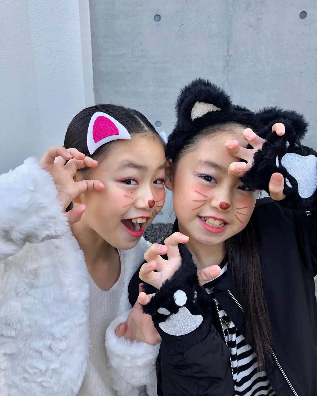 ◆miki◆のインスタグラム：「* * 🎃HAPPY HALLOWEEN🎃 (1日遅れ) * ホントは 蛙🐸の被り物して欲しかったのに 蛙なんてヤダ！母ちゃんやればいいじゃん！猫がいい！ て、全力で否定されたわ！ つまらんわ～  そやから お家にある物で黒猫と白猫に🐈 メイクしてあげたらテンション ブチ上がっとったww 女子やねぇ～😘❤️  黒のアイライナー持ってなくて 茶色で書いたら狸なってもーたわwww 本人は気付いていないww セーーーーフ🤣🤣🤣  #猫なのか狸なのか #ハロウィン #HAPPYHALLOWEEN #ののなの #双子 #twins  #一卵性 #ツインズ」