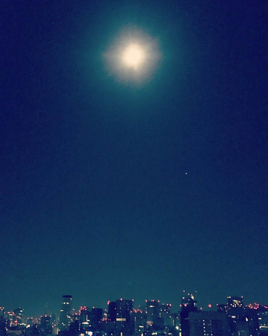 のインスタグラム：「まるで真夜中の太陽みたいな今夜の満月。  今年いちばん小さなブルームーンらしいけど、光がとても強い。  すっかり洗われてしまったな。  光に包まれて、おやすみなさい。  #東京下町時間」