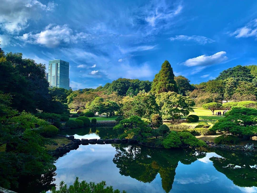 白沢かなえのインスタグラム：「新宿御苑﻿ ﻿ 次のお仕事まで絶妙な時間が空いたので﻿ この間、ひとりでお散歩してきました☀️﻿ ﻿ 大都会×緑﻿ ってエモい。﻿ ﻿ 『言の葉の庭』の聖地のベンチも見たよ☺️﻿ ﻿ #新宿御苑 #お散歩 #新宿 #東京 #tokyo ﻿」