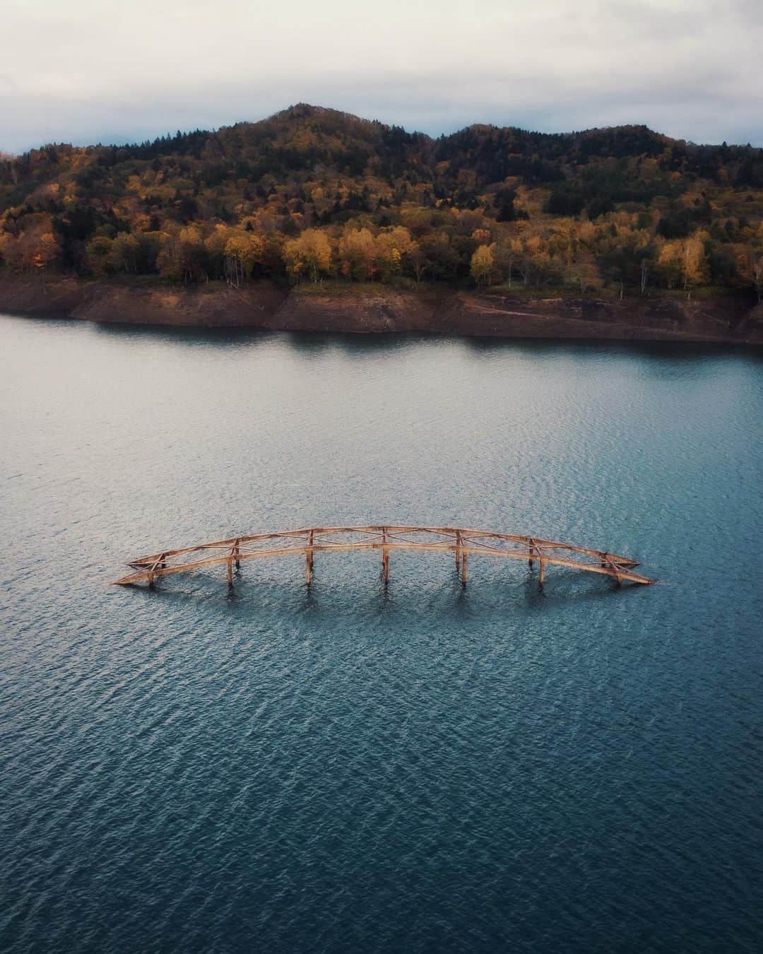 啝 （わ）のインスタグラム：「Bridge in the lake 𓆲 𓆲 𓆲 #droneoftheday #djimavicpro #djiglobal #drone #dronephotography #dronestagram #dji #topdronephotos #fromwhereidrone #wedroneasia #droneosoar #skyhilife  #japan_urbex #JJ_URBEX #made_in_decay #kf_urbandonedmasks #KINGS_ABANDONED #m3xtures #Meistershots #moodygrams #nature_takes_over #natures_reclaim #ominous_perfection #pr0ject_uno #rsa_preciousjunk #savethedecay #sfx_decay」