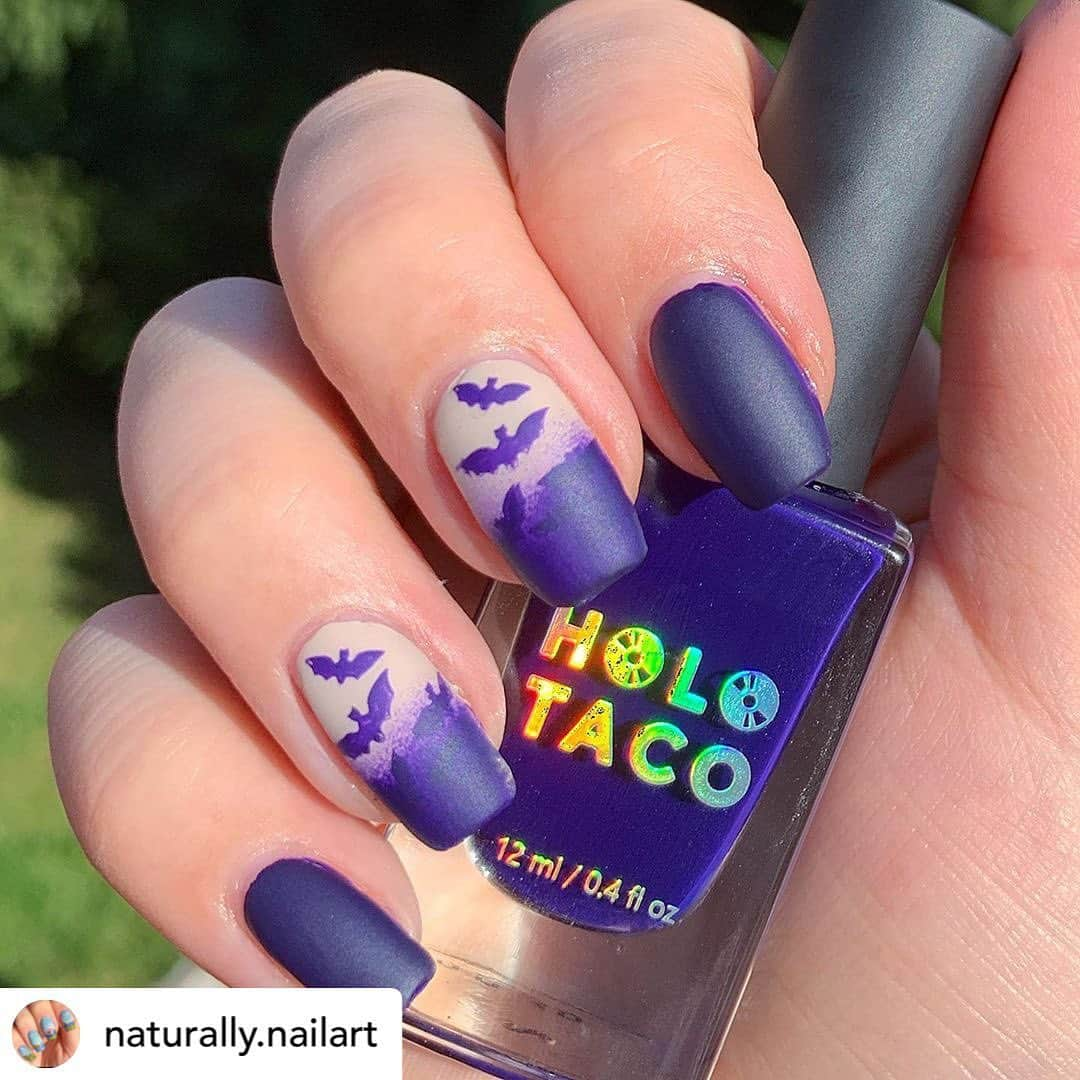 Nail Designsさんのインスタグラム写真 - (Nail DesignsInstagram)「Credit• @naturally.nailart Some purple Bats using Indigo Away to stamp then do a have gradient and finished with a matte top coat. #holotacoholoween2020 #glamnailschallengeoct  . . @holotaco Indigo Away.  . . . . Inspired by Pinterest.  . ~Code NATURALLYNAILS for 10% off at Maniology.com~. ~NATURAX10 for 10% off at Beautybigbang.com~. ~ELIZ for 10% off at Rossinails.com~ . . . #nails #nailsnailsnails #manicure #naildesigns #nailsonfleek #naildesign #nailartjunkie #nailart #nailsoftheday #nailsofinstagram #nailsofinsta #nailpolish #nailpolishaddict #nailpolishlover #nails2inpire #nails2020 #prettynails #nailedit #naillife #nailporn #cutenails #naillove #nailartlover #nailartchallenge #nailspafeature #holotaco」11月1日 13時16分 - nailartfeature