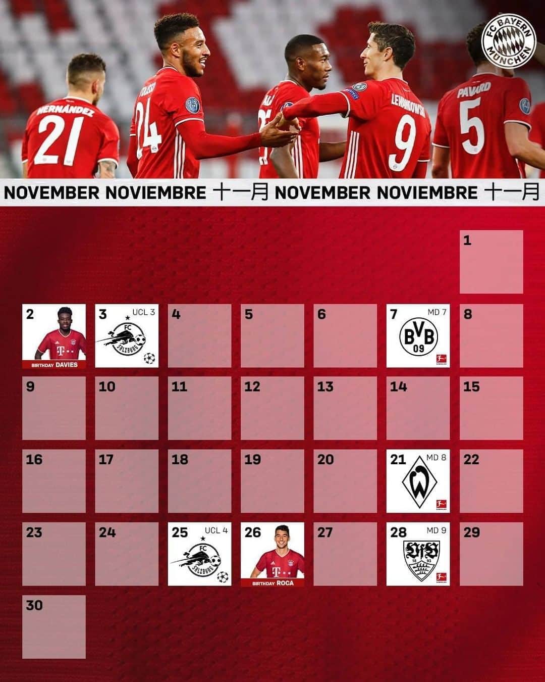 バイエルン・ミュンヘンさんのインスタグラム写真 - (バイエルン・ミュンヘンInstagram)「🗓️👀 Mark your calendars! 👇  ✈️ #SALFCB ✈️ #BVBFCB 🏟️ #FCBSVW 🏟️ #FCBSAL ✈️ #VFBFCB 🎂 @alphonsodavies & @marcroca_21   #FCBayern #UCL #Bundesliga #packmas」11月1日 21時11分 - fcbayern