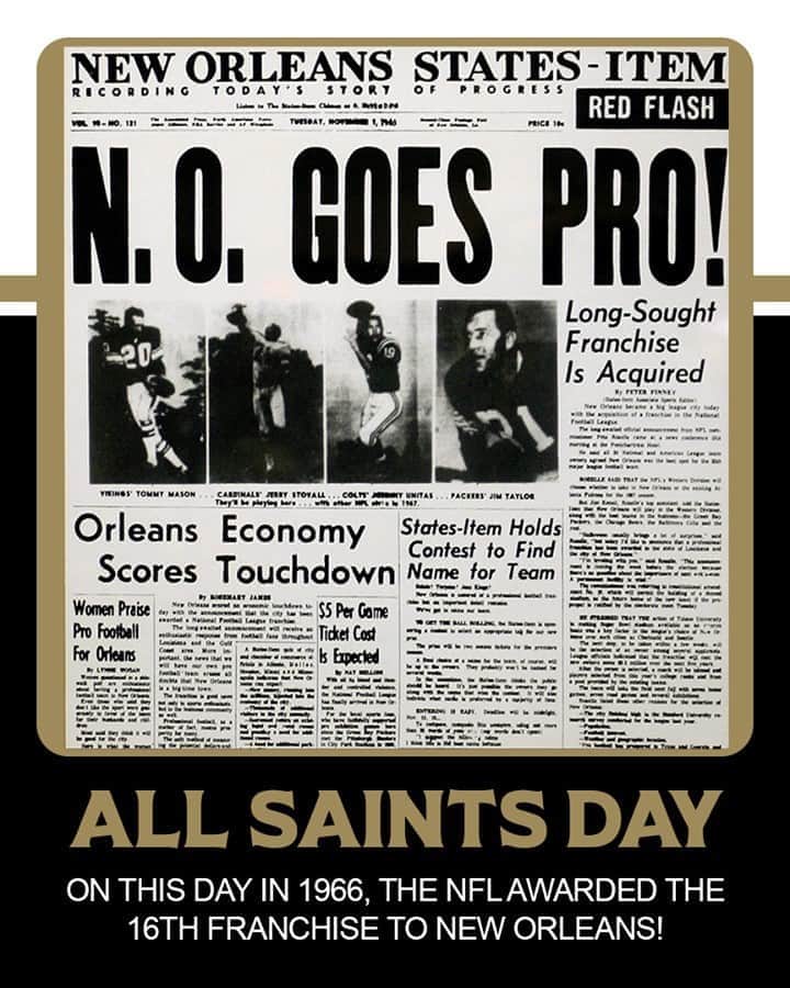 ニューオーリンズ・セインツさんのインスタグラム写真 - (ニューオーリンズ・セインツInstagram)「The #Saints were born 54 years ago today! ⚜️⁠ ⁠ #SaintsGameday #AllSaintsDay」11月1日 22時34分 - saints