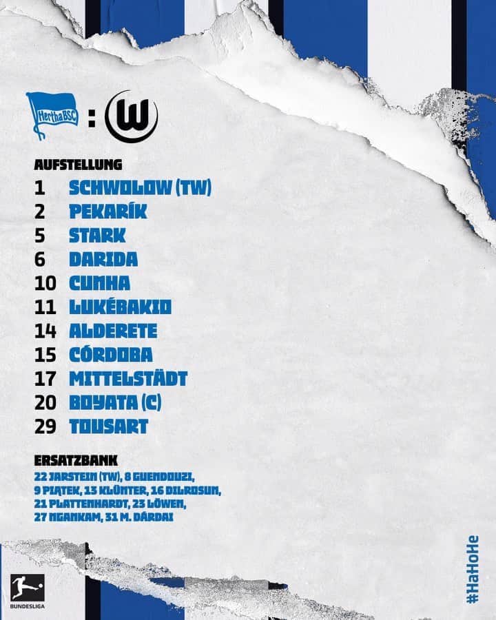 ヘルタ・ベルリンのインスタグラム：「Die 1️⃣1️⃣ für #BSCWOB! . . #spieltach #berlin #wolfsburg #bundesliga #heimspiel #HaHoHe #herthabsc」