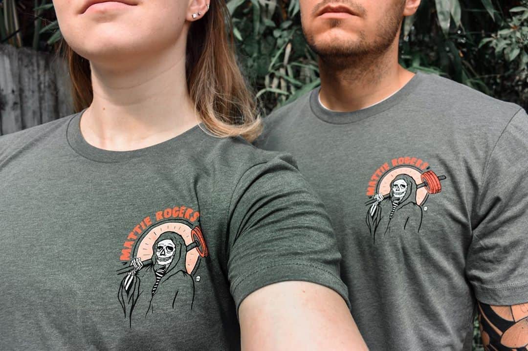 マッティ・ロジャーズのインスタグラム：「Green Reaper shirts are LIVE! You guys asked so nicely for a restock, so here it is in my fav color variation. Go get them while you can & please continue to enjoy our front yard photo shoots. The talent (Sean) grows more tired of this every day.  EDIT: SOLD OUT. Stay tuned later this week for a 3 item drop!!」