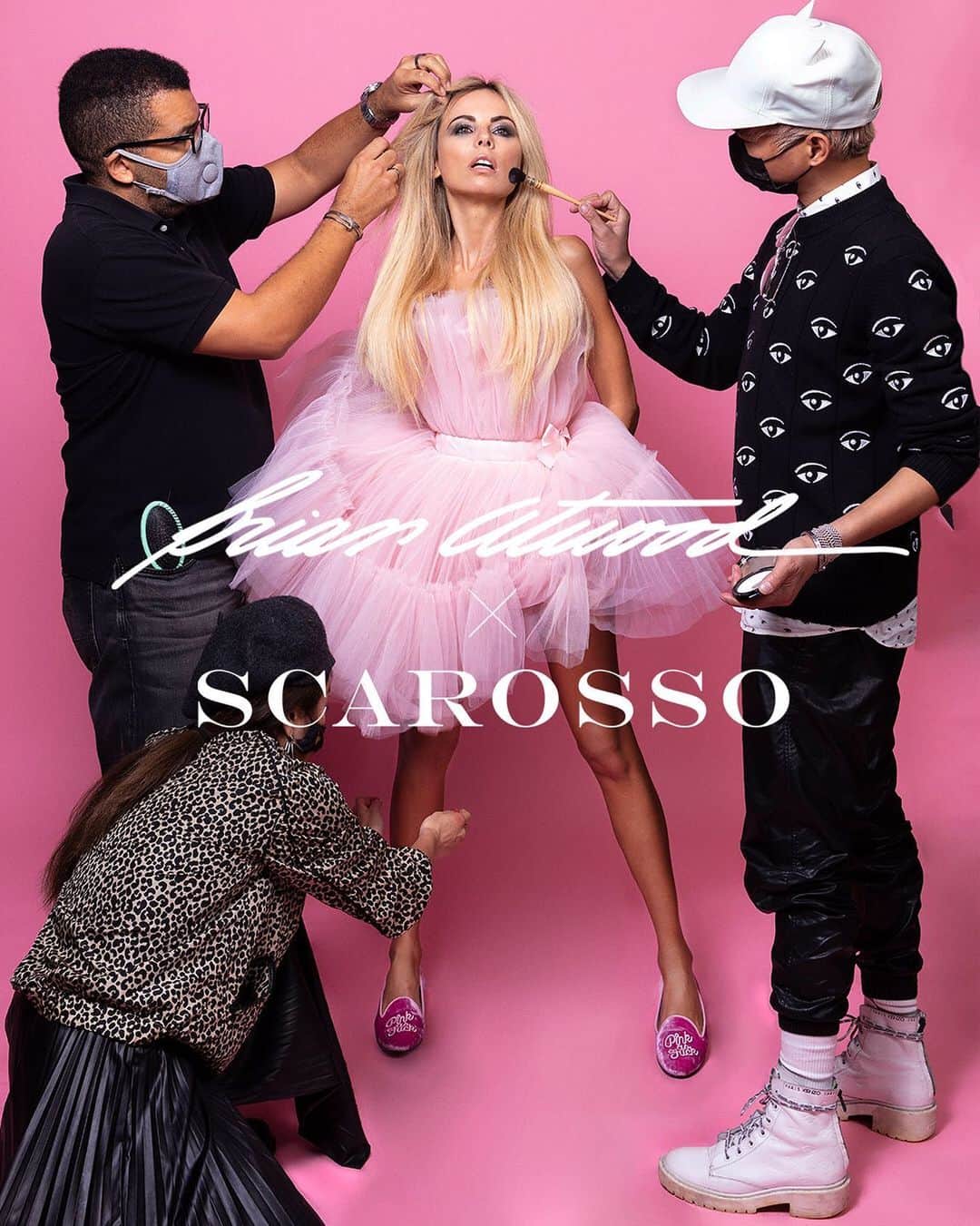 のインスタグラム：「Pretty in Pink! @ericapelosini  Photographed by @harolbaezstudio for my collaboration with @scarosso @pietronolita to help raise $$$ for Breast Cancer. To purchase velvet slippers go to link in my bio.  Hair: @benskervin Makeup: @makeupmark」