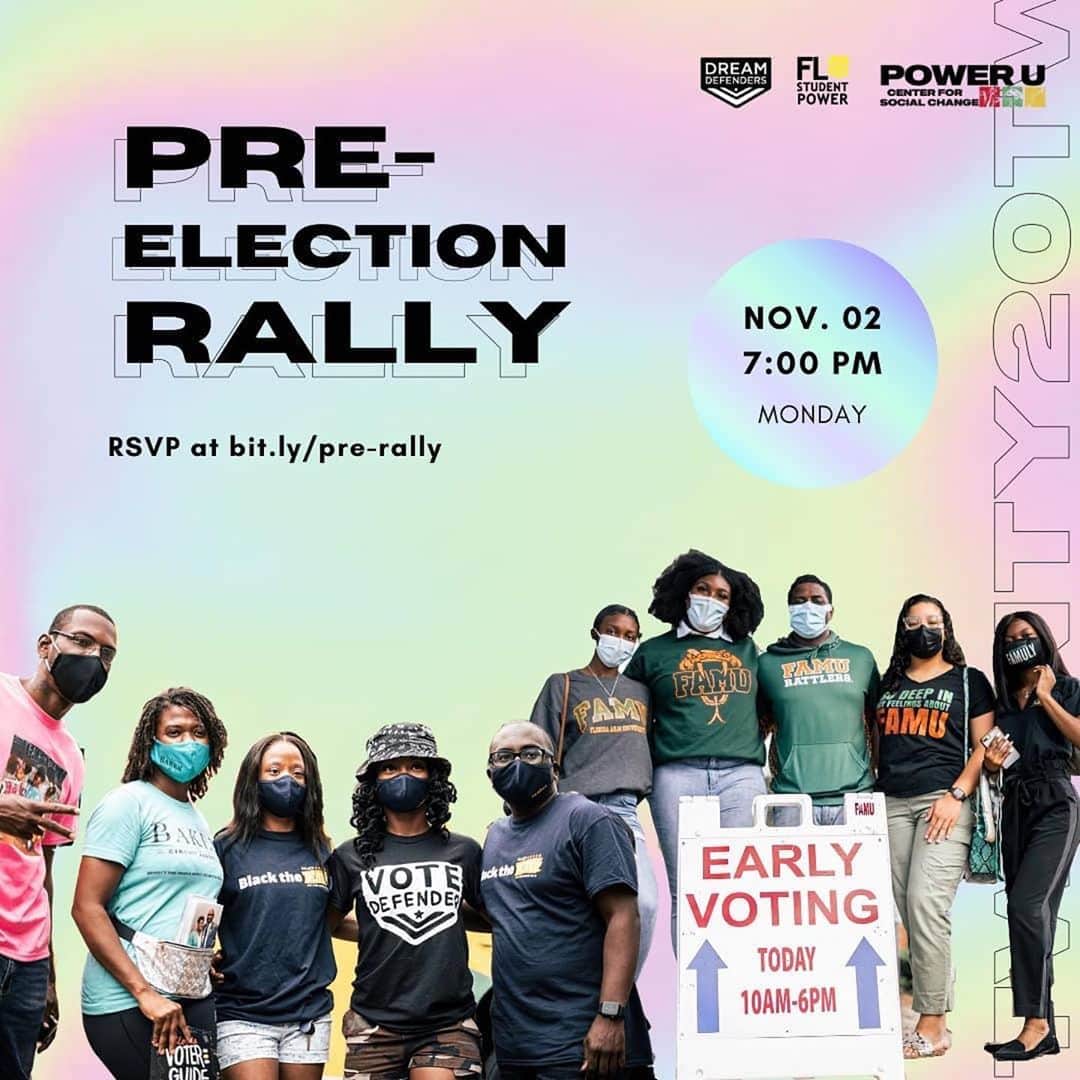 キャメロン・ラッセルのインスタグラム：「1.2 Million young people have already voted in Florida! 14 billion spent on this election, and yet it is the mostly unpaid labor of young people fighting voter suppression, organizing uprising, caring for elders, amid pandemic and the most economic inequality in modern history, who are sustaining democracy and struggling for a more just habitable world. JOIN US on Nov. 2nd to celebrate these movements and strategize for what comes next. Can’t wait to join @floridastudentpower @thedreamdefenders @poweru305 @engagemia @floridaplannedparenthood & @nextgenamerica and some very special guests including @jamiraburley! So ready for this election. Are you?? Register Here: bit.ly/pre-rally (link also in bio)」