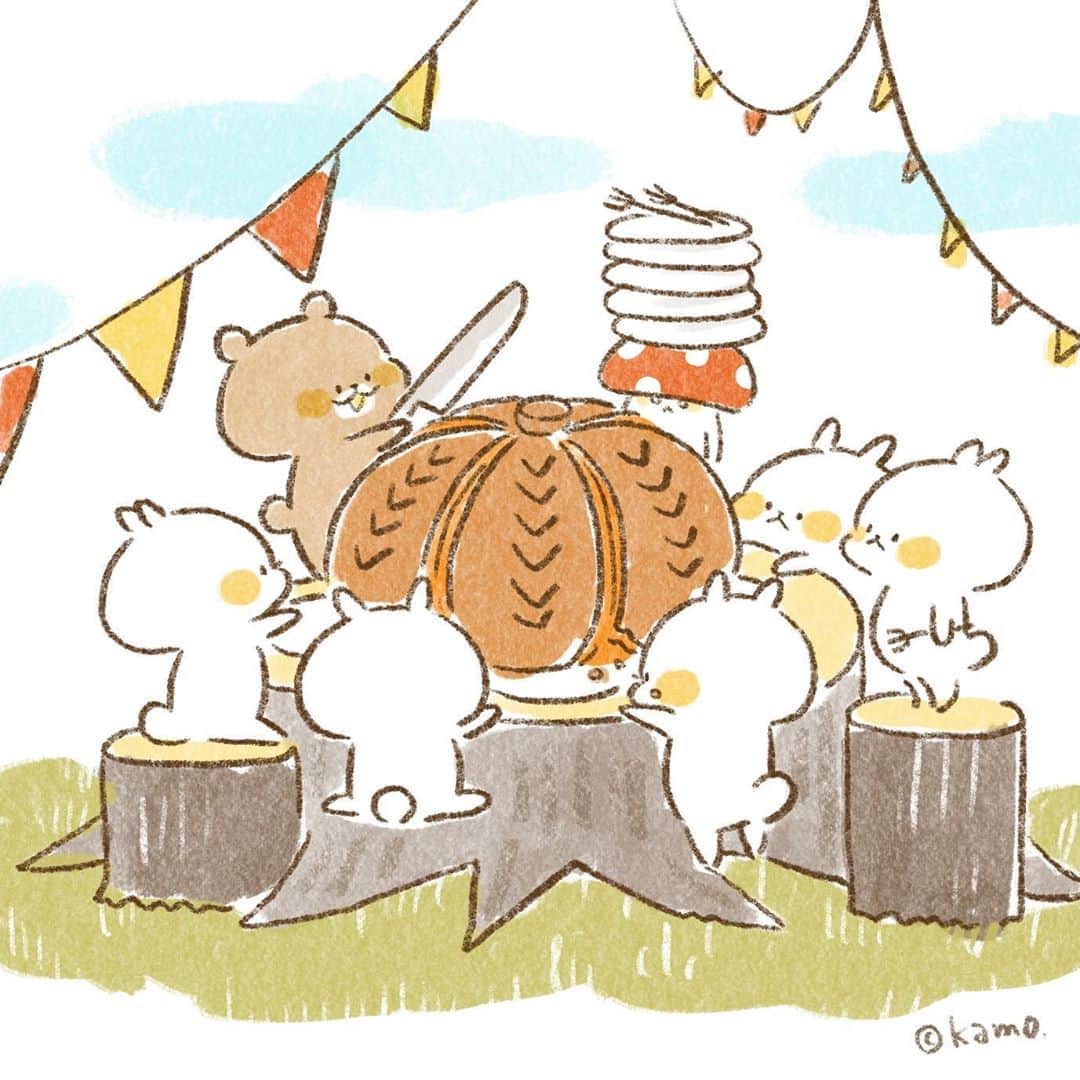 カモさんのインスタグラム写真 - (カモInstagram)「パンプキンパーティー #均等に分けてね#パンプキンパイ#pumpkinpie#party#イラスト#illustration#くまさん#ウサギタケ#usagitake」11月2日 9時41分 - illustratorkamo