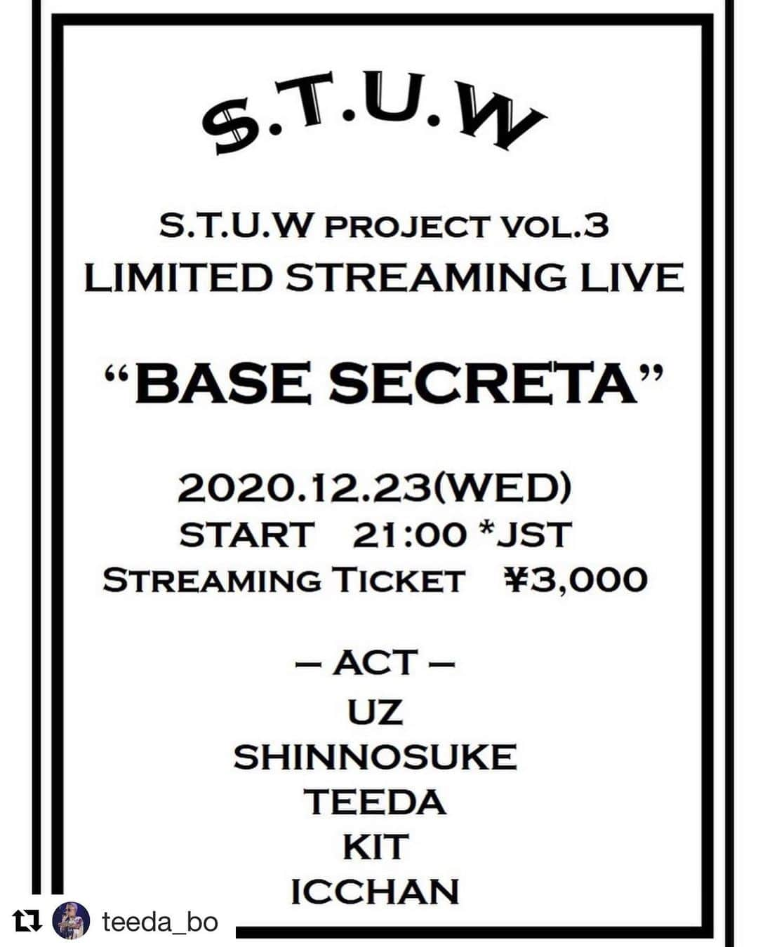 BACK-ONさんのインスタグラム写真 - (BACK-ONInstagram)「こちらにTEEDA出演します！  #Repost @teeda_bo with @get_repost ・・・ We’re gonna play the show on streaming live  as S.T.U.W at 23rd December! It’s gonna be crazy fun!  S.T.U.Wの配信LIVEが決定ー！盟友達と濃厚に遊びまーす！（笑）観てねー！  #STUW #SHINNOSUKE_ROOKIEZ #uzspyair #BIG_KIT_KAT #ICCHAN1002 #TEEDA」11月2日 15時21分 - back_on_jpn