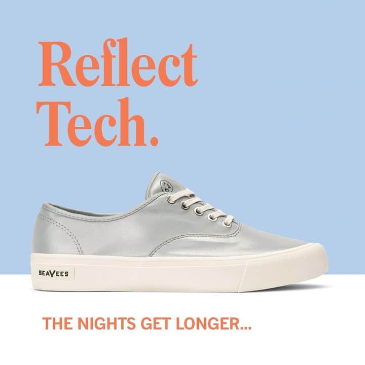 シービーズのインスタグラム：「Meet the Reflect-Tech Legend.⚡️  Just in time for daylight savings, these sneakers are super reflective at night and a little iridescent during the day. Consider this our attempt to hold onto every last drop of sunlight.  #letsgetcasual」