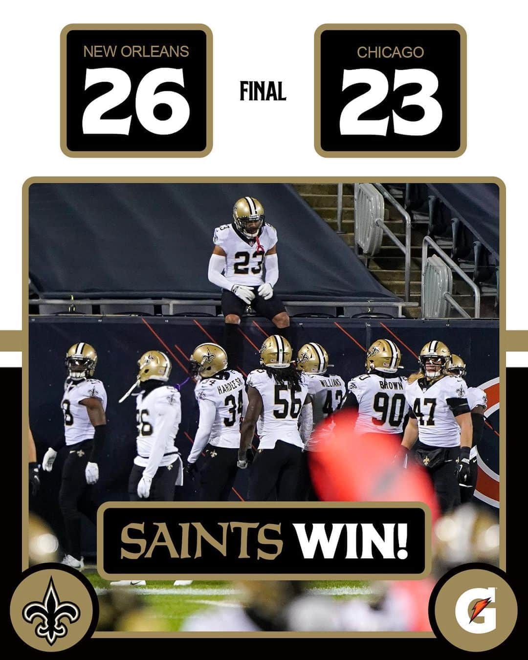 ニューオーリンズ・セインツさんのインスタグラム写真 - (ニューオーリンズ・セインツInstagram)「𝐅𝐎𝐔𝐑 𝐈𝐍 𝐀 𝐑𝐎𝐖 🔥 #Saints win in OT!!」11月2日 10時00分 - saints