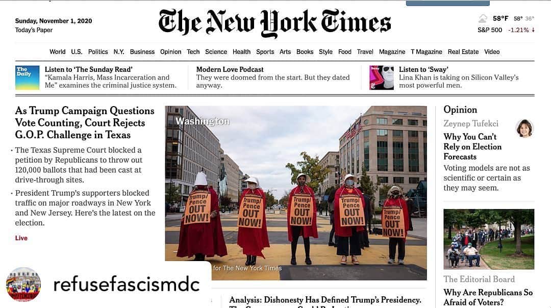 ジョディ・スウィーティンさんのインスタグラム写真 - (ジョディ・スウィーティンInstagram)「The Handmaid’s were out in full force, all over the country at the Women’s Marches last weekend and beyond! So proud that @refusefascismdc was featured on the cover of the @nytimes !! #trumppenceoutnow   Posted @withregram • @refusefascismdc Check us out as Handmaids on the front page of the New York Times right now!  This was just yesterday, our Halloween Handmaid procession in BLM Plaza in DC calling on people to vote, and then COME INTO THE STREETS to demand:  TRUMP/PENCE OUT NOW!!  #TrumpPenceOutNow  #WeRefuseToAcceptAFascistAmerica #GetInTheStreetsStayInTheStreets #Handmaids  #BidenHarris2020」11月2日 11時36分 - jodiesweetin