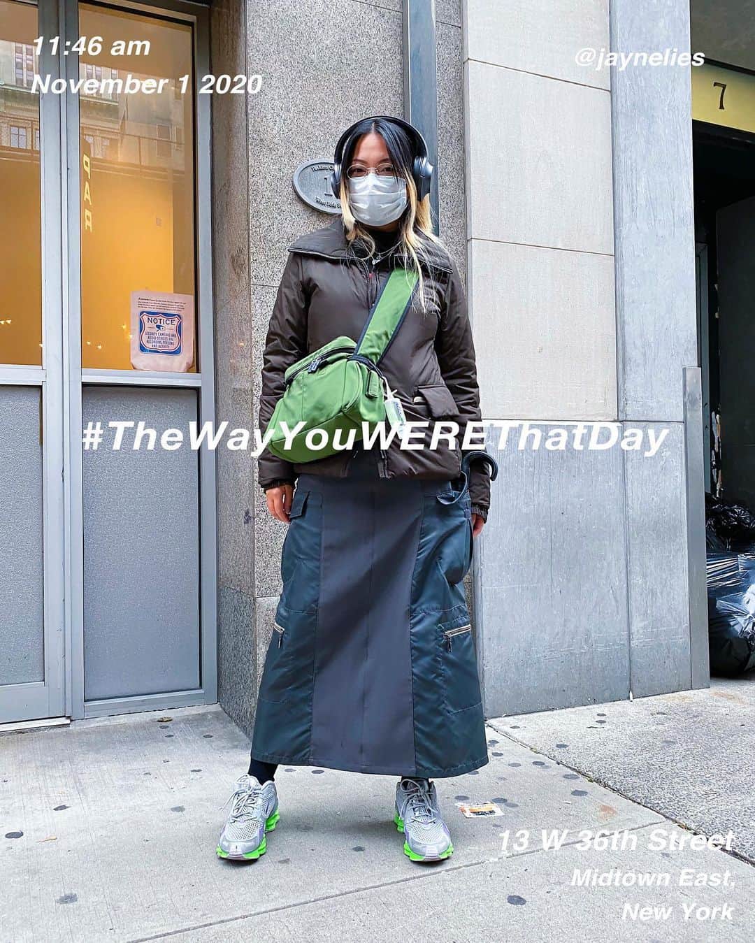 筒井心一のインスタグラム：「@jaynelies on 13 #West36thStreet at 11:46 am, November 1 2020, #NewYork ﻿ #OutfitOfTheDay = #TheWayYouWEREThatDay」
