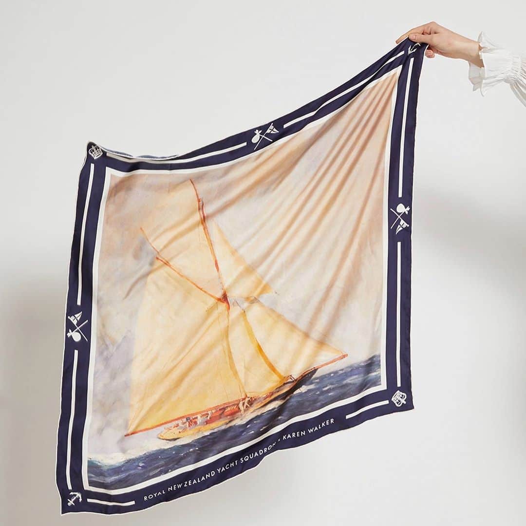 カレンウォーカーのインスタグラム：「The Royal New Zealand Yacht Squadron is, of course, the holder of the America’s Cup, but it’s also the holder of an extensive and important archive of maritime history which we were lucky to have full access to for the collab. One of the jewels in the Squadron’s crown, the painting of the HMY Britannia, painted by Neville Sotheby Pitcher in 1921 and gifted to @rnzys by Sir Ernest Davis is presented on our signature silk scarf. Also from the club’s archive is an 1857 chart of the Waitematā Harbour surveyed by Captain J. L. Stokes, Commander B. Drury, R.N., and the Officers of H.M.S. Acheron and Pandora, 1848-55.」