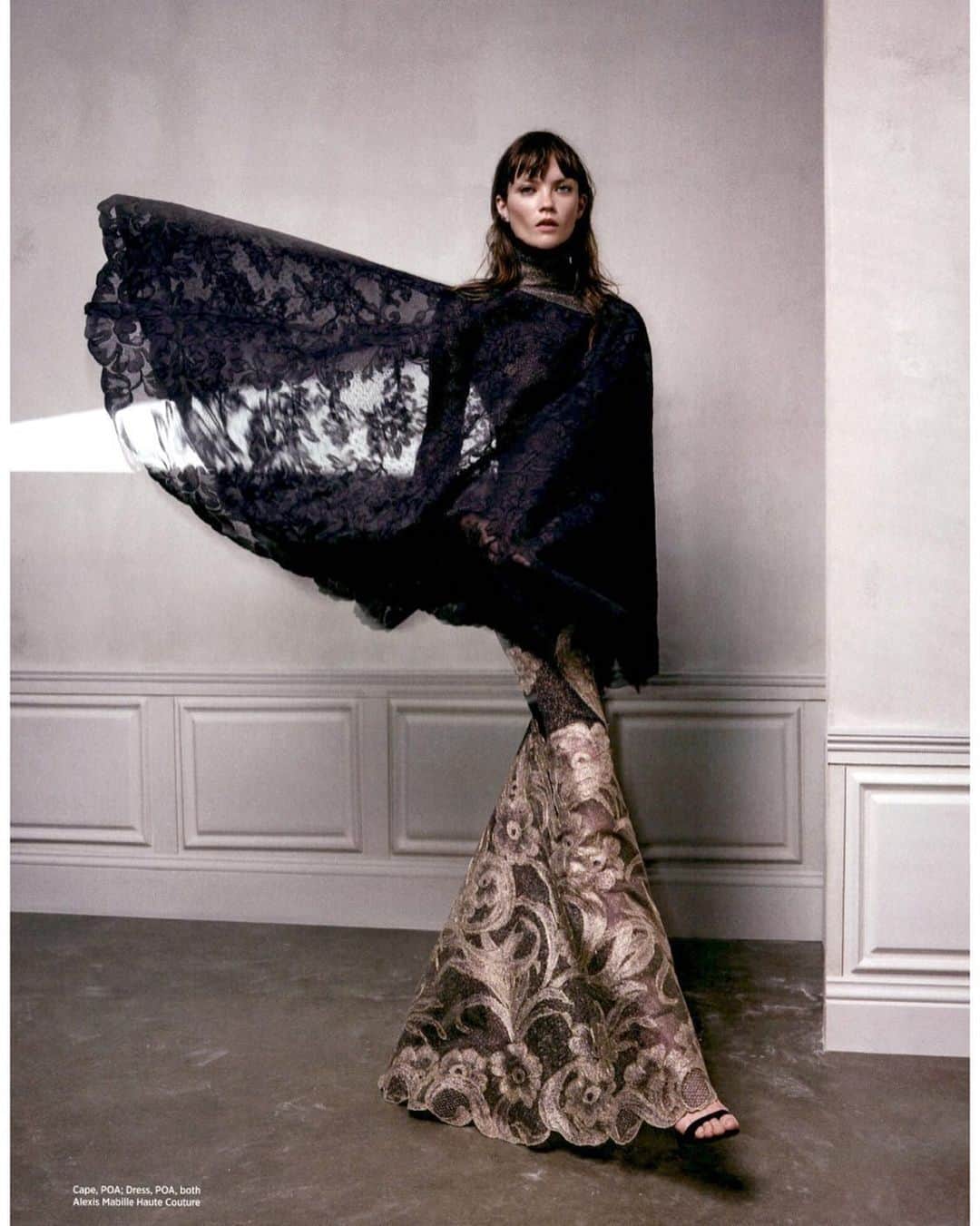 アレクシマビーユのインスタグラム：「Alexis Mabille Haute Couture @harpersbazaararabia thanks for the beautiful editorial styled @kristinekilty shot @luismonteirophotography @alexismabille #alexismabillehautecouture #lace #cape #goldlace #silhouette #attitude #harpersbazaar #editorial #showmustgoon #hautecouture #parishautecouture」