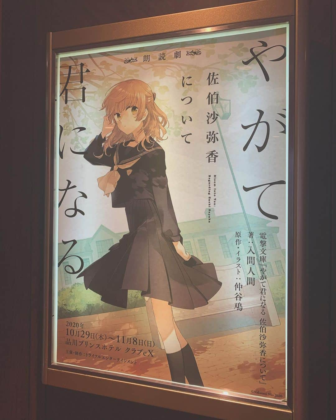 森なな子さんのインスタグラム写真 - (森なな子Instagram)「朗読劇「やがて君になる 佐伯沙弥香について」、観劇させて頂きました。 素晴らしかったです👏 プロローグがアニメの演出とリンクしていて冒頭からときめいて、私が演らせて頂いた都目線なのか、どこか沙弥香を応援する様な気持ちで観ていたのですが、彼女の紡ぎ出す美しい言葉と心境の変化に魅了されて、どんどん物語に引き込まれていきました。 沙弥香役の礒部さん、本当に素敵だったなぁ✨ 音響と照明もステージを盛り上げていて、プロジェクションマッピング（？）もとっても綺麗で、四季を感じる事ができました。うまく言えないんだけど贅沢な空間でした☺️  朗読劇は11月8日（日）まで開催しているとのこと。ぜひ！  #舞台やが君 #クラブex #やがて君になる」11月2日 18時38分 - nanako.m1988