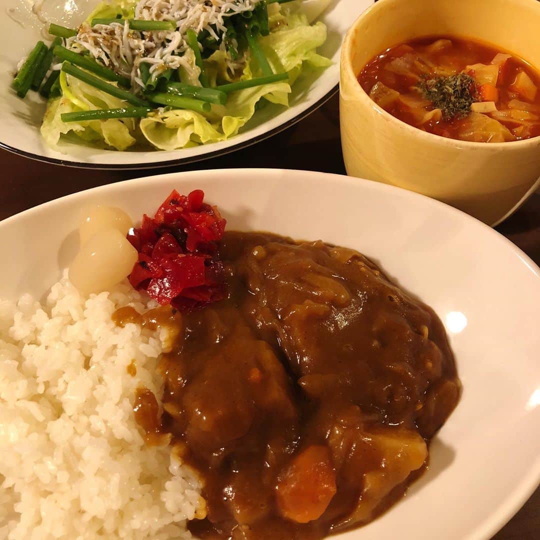 南條早紀のインスタグラム：「いつかのおうちご飯🏠🍛 . . カレーは、肉じゃがの翌日に作ります。 しらたきがピロピロしますが、 味がしっかりしておいしいです👼 . . レタス×細ねぎ（？）×しらすの チョレギサラダもブーム！ これとってもおすすめ🥺 . 市販のドレッシングが美味しいけど、 ないときはごま油×鶏がらスープの素混ぜたのを かけるだけでも美味しい☺️ . . 秋の味覚ってわけでもないし、 なんの変哲もないご飯だけど。笑 いつも写真撮りそびれるから、 ちゃんと撮ったやつ載せておく💓 . . ごはん作るのもエネルギー使うから 息するように、がんばらなくても ちゃんとごはん作れるようになりたい。。笑  . . . #富山県 #富山市 #富山 #toyama #おうちごはん #おうちご飯 #お家ごはん  #自炊 #自炊記録 #手作りごはん  #料理 #料理記録 #料理好きな人と繋がりたい  #料理写真 #料理上手になりたい  #カレー #カレーライス #肉じゃがリメイク  #チョレギサラダ #ネギサラダ #おいしい #ミネストローネ #野菜たっぷり #スープ #富山テレビ #アナウンサー #南條早紀 #早紀飯 #なんじょうのにちじょう #❤️」