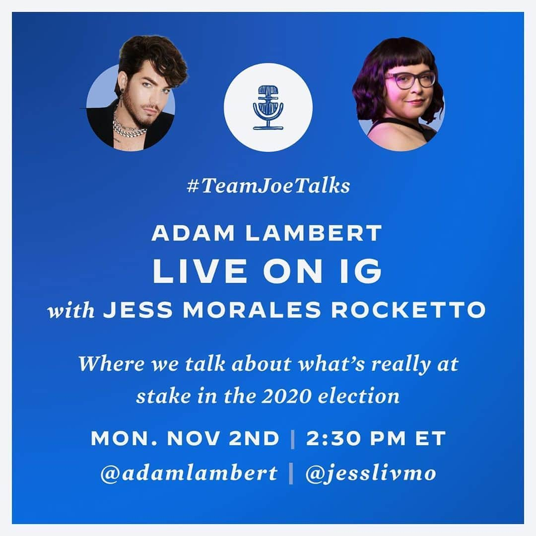 アダム・ランバートさんのインスタグラム写真 - (アダム・ランバートInstagram)「Only one day left until the election! Excited to chat with @jesslivmo for #TeamJoeTalks today on IG Live. 2:30pm ET  Don’t forget to VOTE! In person or drop off your mail-in ballot. Got to IWillVote.com for details!🇺🇸」11月2日 21時12分 - adamlambert