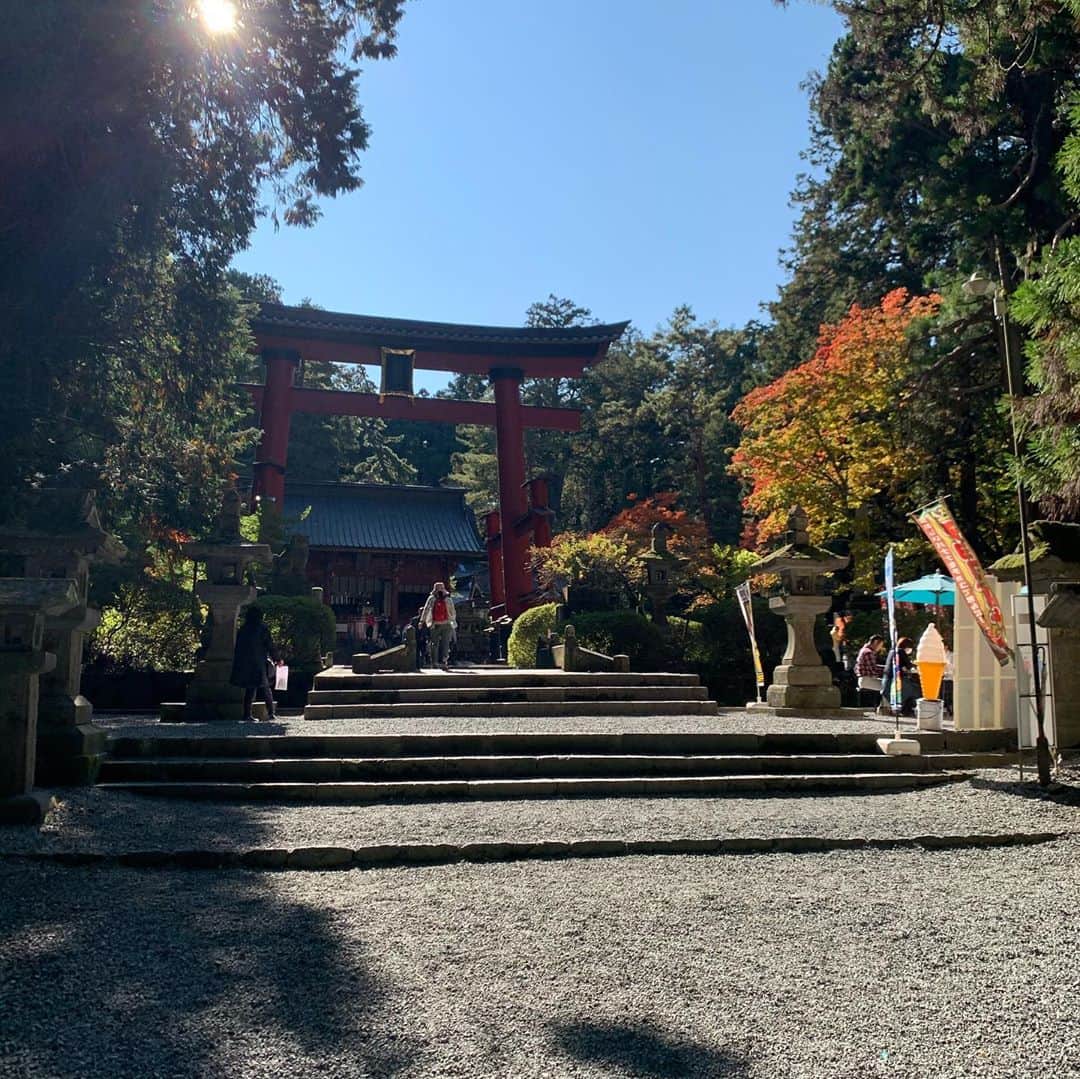 木本夕貴のインスタグラム：「本殿のところは人がたくさんいらっしゃったので、撮ってないのですが💦  先日、 富士浅間神社⛩ に行ってきました✨  富士浅間神社のご由緒は⛩  いつの頃から神社があるのか、実は詳しく分かっていないんだそう。 ただ、1000年くらい前の平安時代、小高い丘の上に神をまつる建物を建てたのが始まりと考えられているそうです。  このころは 「従五位上郡御玉明神（じゅごいかみごおりみたまみょうじん」 という名前でした。  今から700年以上前の鎌倉時代、日蓮という偉いお坊さんが、 苦しむ人々を救おうと活躍していましたが、あるとき政治を悪く言った罰で、佐渡（新潟県の島）へ流されることになります。  しばらくして日蓮は許されました。 そして佐渡から帰る途中、藤岡市のあたりに立ち寄ったのです。 富士山の神を厚く信じていた日蓮は、この地にも祀りたいと考え、神の御霊を迎えました。 それ以来、この神社は 「富士浅間神社」と名前を改めることになったんだそうです！  ご祭神は⛩ 木花開耶姫命（コノハナサクヤヒメ）  名前には桜の花が咲いたように美しいという意味があります。 山の神を父に持ち、ご神体は富士山。 昔、本当の富士山は気軽にお参りできなかったので、富士山に見立てた丘の上に当神社が建てられました。 日本最古の歴史書『古事記』には、炎の中で生んだ子を無事に育てたという神話があり、子供の守り神さまとして知られいるそうです。 HP参照しました❣️  富士山がとっっっっても大きくみえて、参道がめっっっっちゃくちゃ綺麗なの❣️ 帰りには木から葉っぱ？が落ちてきて、それが光に当たってすごく綺麗で、参道がより一層、神聖なものに感じたよ⛩  お守りの種類も豊富なのがすごく魅力的でした✨✨✨ しかも、お値段もお手頃なものが多くて、あれもこれもと目移りしちゃうくらい💓  富士山の近くだからかな？空気も澄んでてめちゃくちゃ気持ちよかったです⛩✨  富士山の周りにはいくつか神社があるみたいなので、また行ってみたいなあ🥺✨」