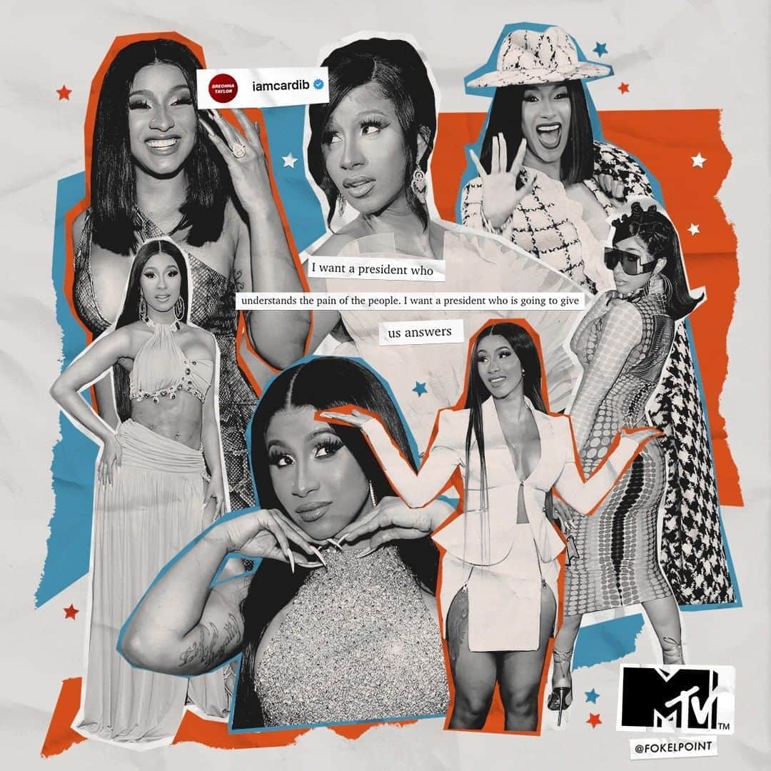 のインスタグラム：「Now's your chance to have your say in this country's leadership. Now's your time to vote, like @iamcardib 💙 "I want a president who understands the pain of the people. I want a president who is going to give us answers." 🎨: @fokelpoint • #MTVxFokelpoint」