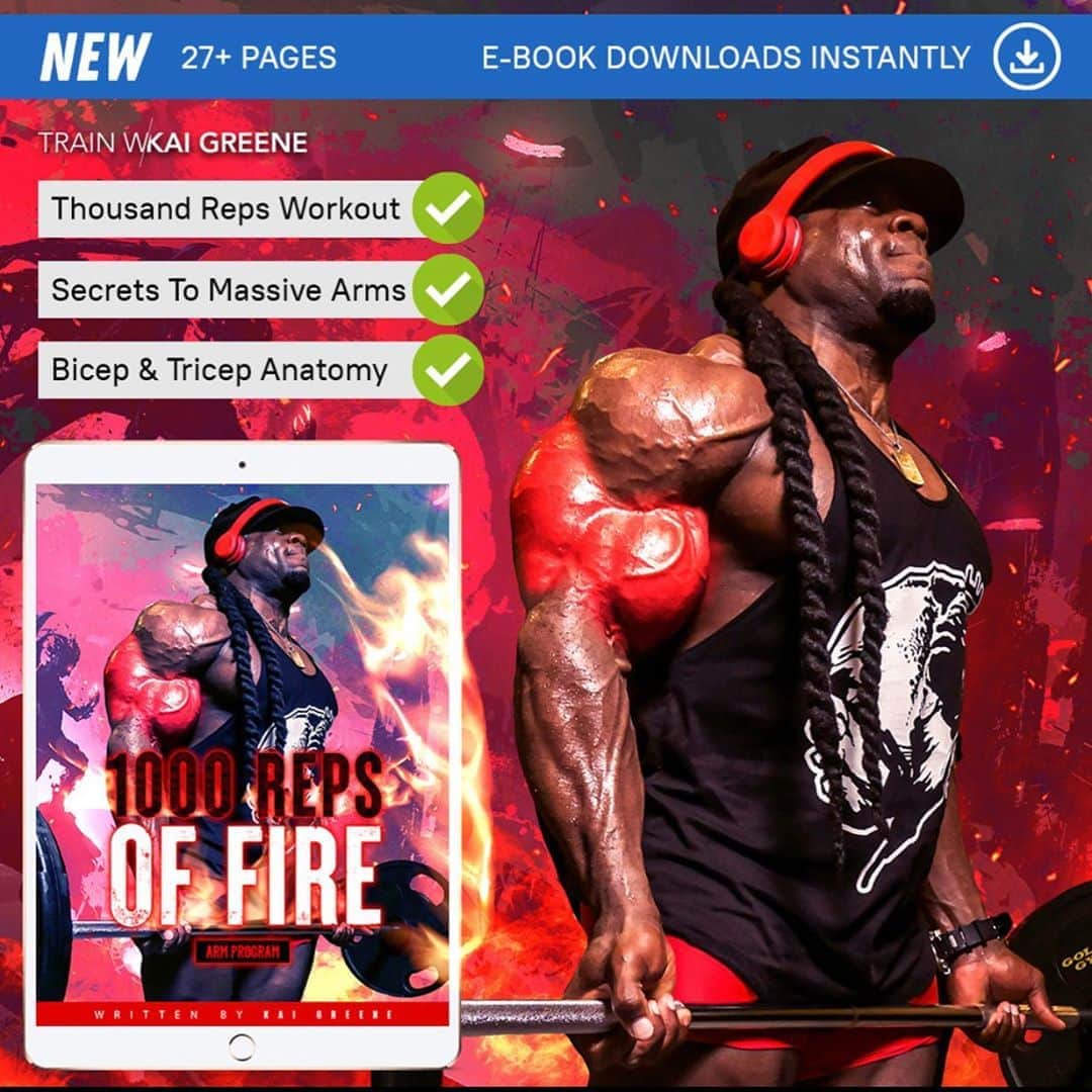 カイ・グリーンのインスタグラム：「💪🏾THINK YOU CAN HANDLE IT? 💥1,000 REP WORKOUT - Now Available on Trainwithkai.com  I give you the movements and show you the path. Only you may walk it. Prepare yourself, an arduous journey awaits.  🔥1000 REP WORKOUT 🗣Secrets To Massive Arms 💪🏾Bicep & Tricep Anatomy 📝Workouts Explained 📖27+ Detailed Pages」