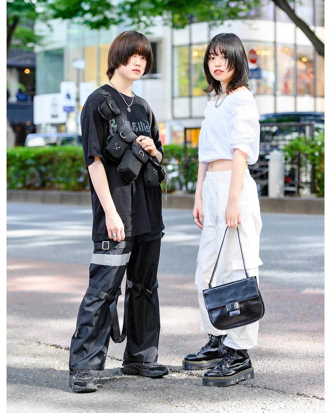 Harajuku Japanさんのインスタグラム写真 - (Harajuku JapanInstagram)「18-year-old Japanese students Yuika (@l.only_flower) and Unu (@uhmmm___48) on the street in Harajuku wearing monochrome street styles with a Billie Eilish tee, reflective strap pants, a crossbody utility bag, Prada, Dr. Martens, and 23.65 sneakers.」11月3日 4時33分 - tokyofashion