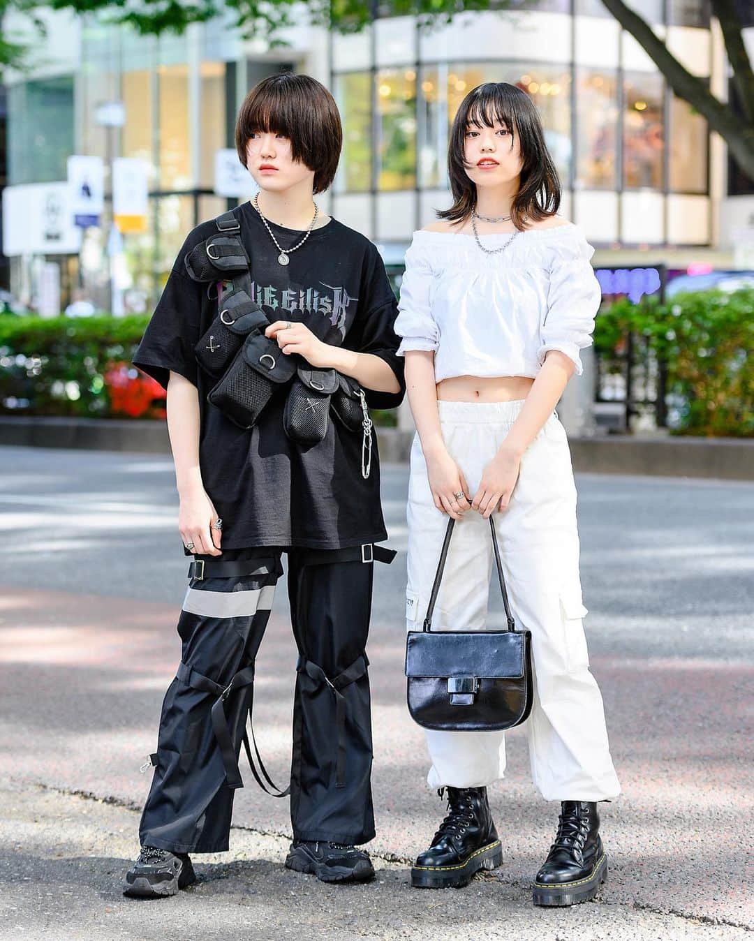 Harajuku Japanさんのインスタグラム写真 - (Harajuku JapanInstagram)「18-year-old Japanese students Yuika (@l.only_flower) and Unu (@uhmmm___48) on the street in Harajuku wearing monochrome street styles with a Billie Eilish tee, reflective strap pants, a crossbody utility bag, Prada, Dr. Martens, and 23.65 sneakers.」11月3日 4時33分 - tokyofashion